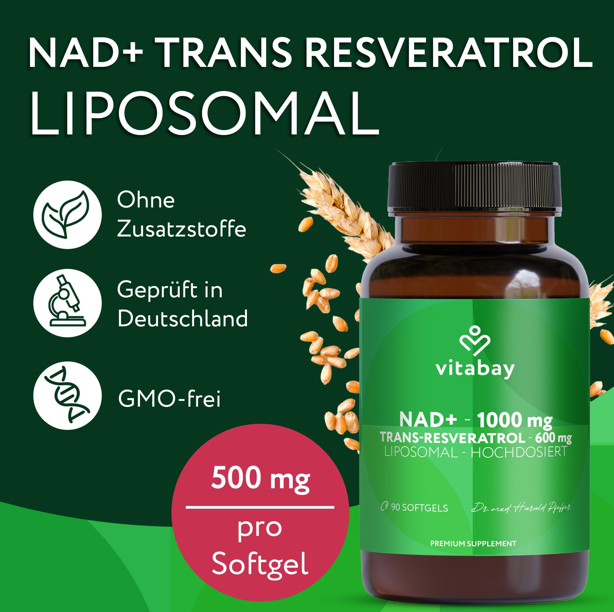 Vitabay Liposomales NAD+ 1000 mg mit Trans-Resveratrol 600 mg - 90 vegane Softgels - hochdosiert, vegan, laborgeprüft in Deutschland - NAD Supplement, ohne Gentechnik - 45 Tage Vorrat