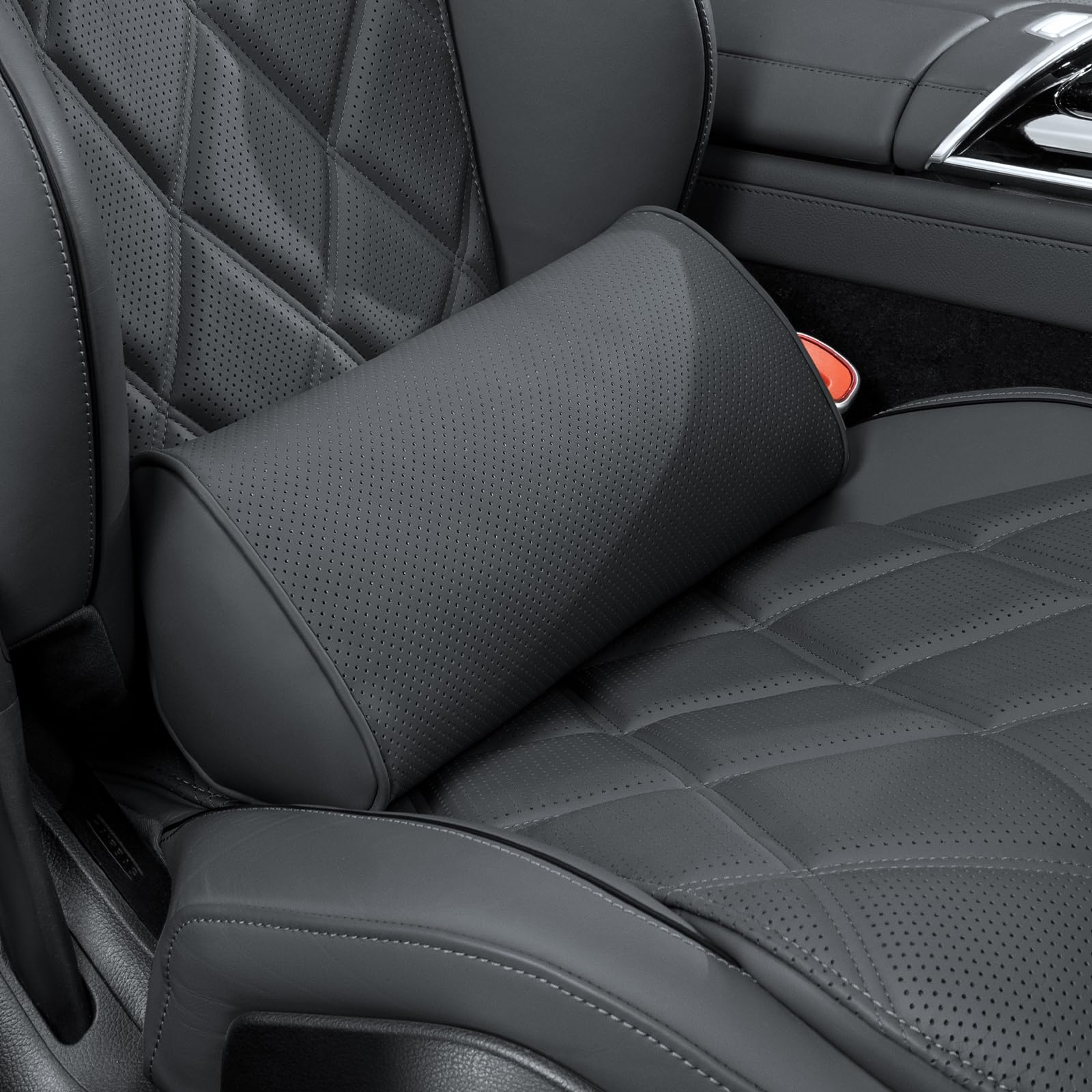 Lendenkissen Auto, Rückenkissen Leder, Ergonomische Lordosenstütze mit Memory Foam, Lendenwirbelkissen für Auto Bürostuhl Unterwegs und Zuhause, Schwarz, 1 Stück