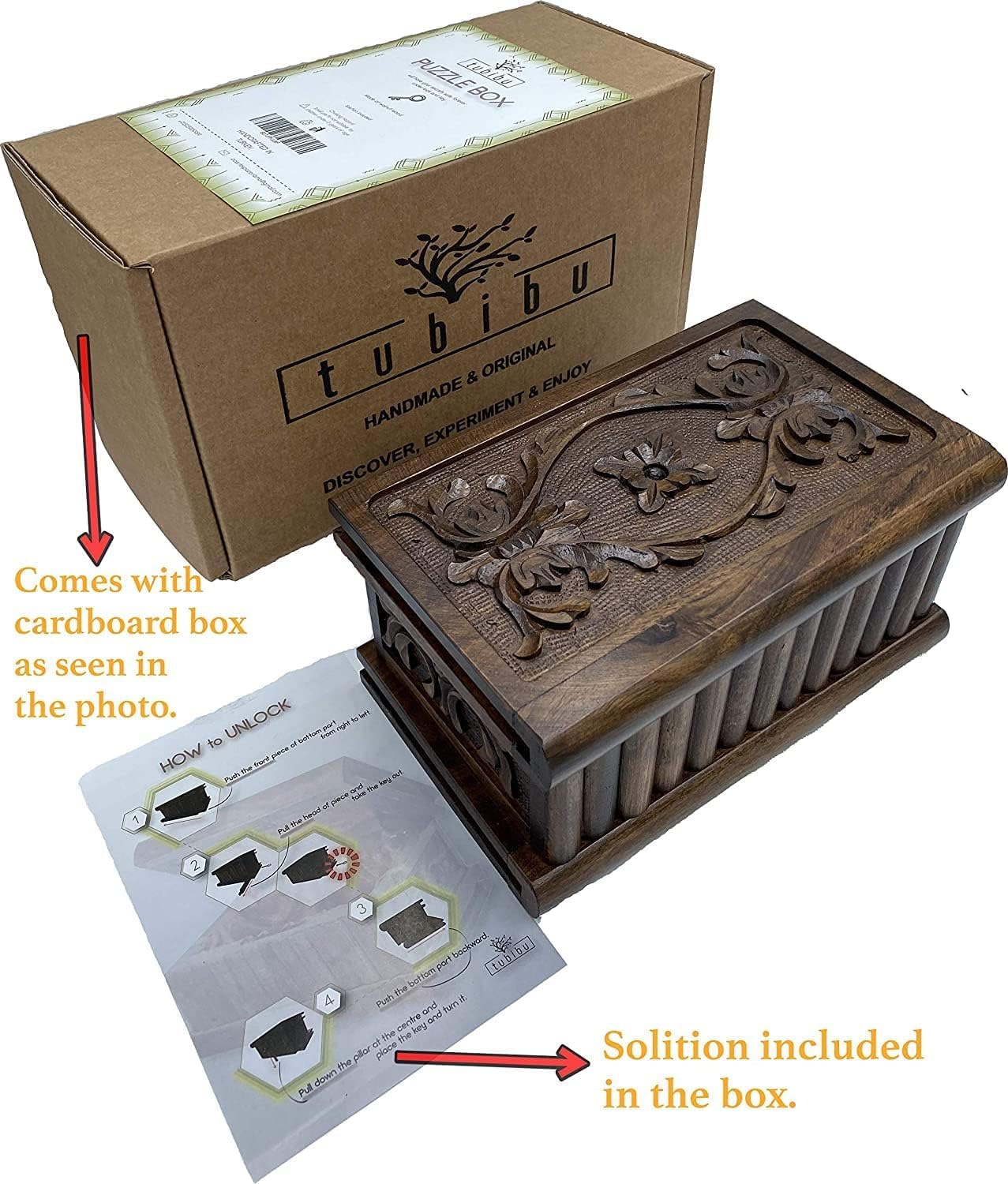 Tubibu Walnut Treasure Secret Magic Box Hand Made Unique Jewelry Box with Hidden Key