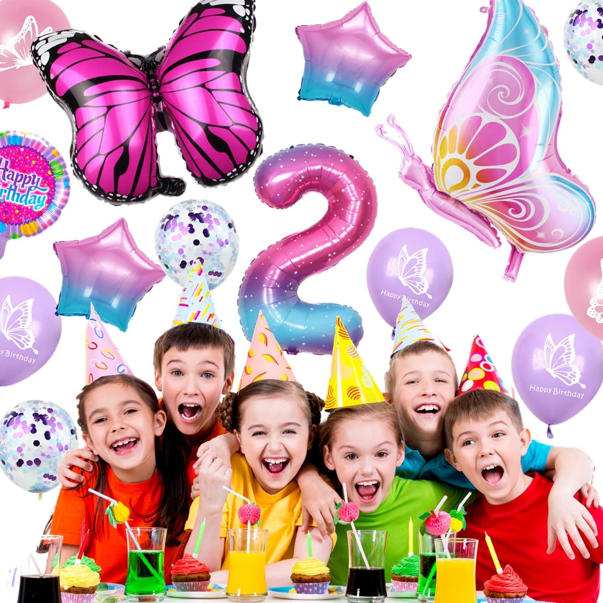 Schmetterlings-Deko-Set Für 2. Geburtstag – Mit Folienballons, Latexballons, Nummer 2, Rosa & Glitzernd