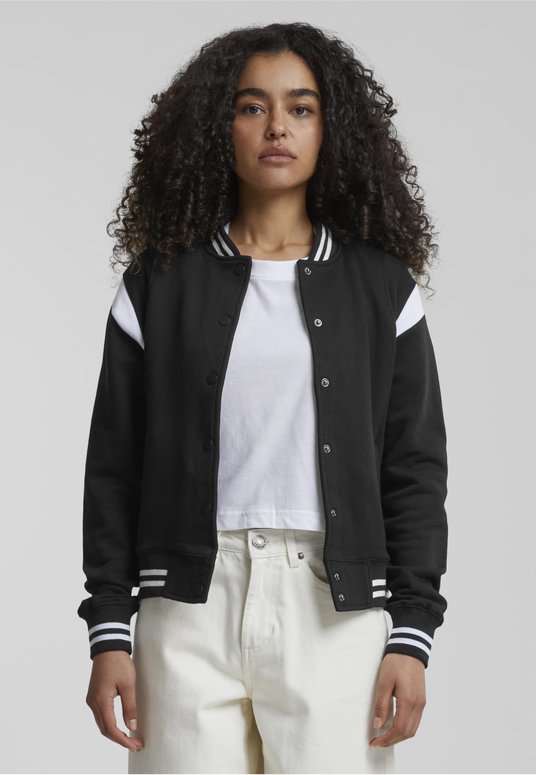 Urban Classics Damen Ladies Inset College Sweat Jacket Sweatjacke, Schwarz (Blk/Wht 00050), Medium (Herstellergröße: M)