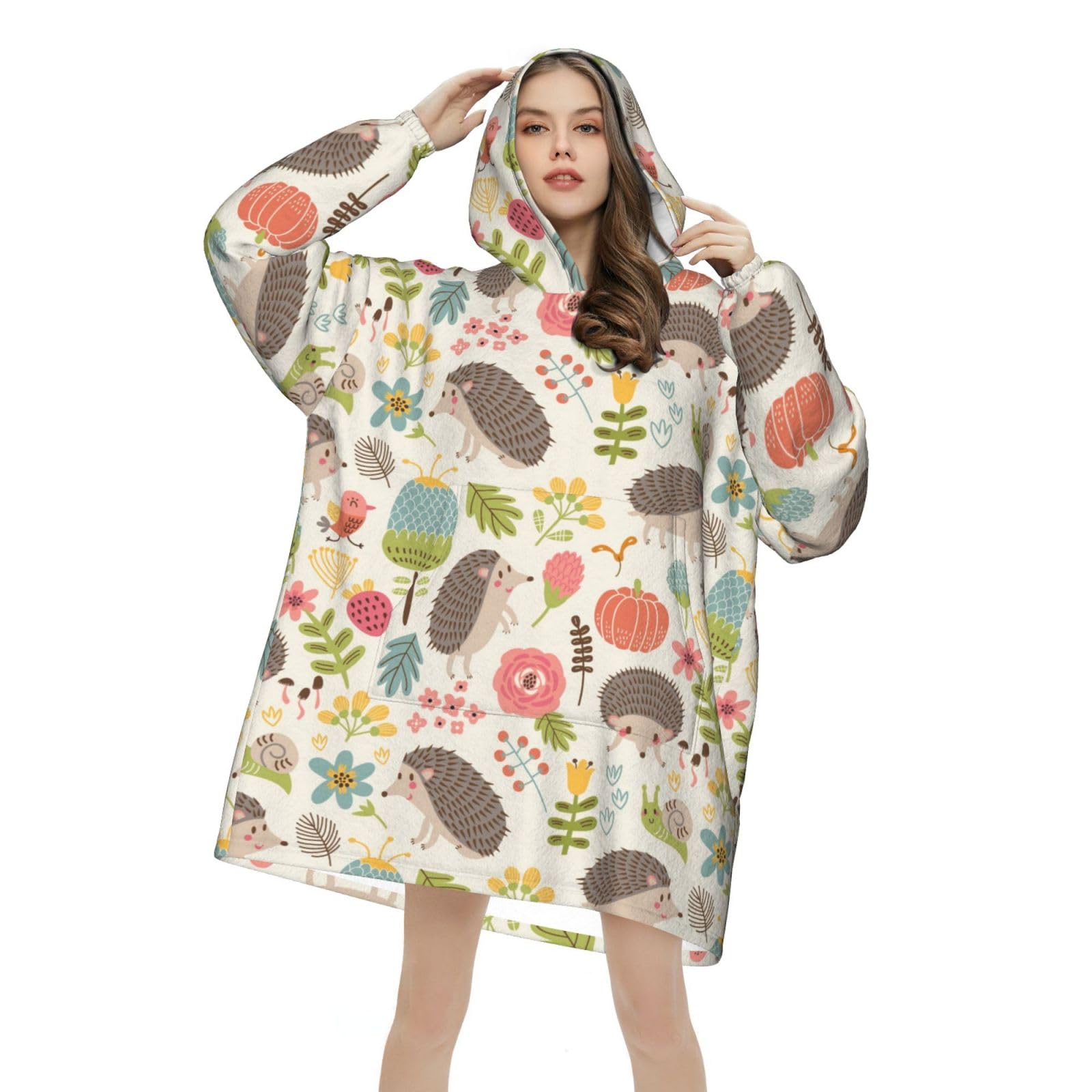 Mumico Unisex Multicolor Soft Flannel Oversized Blanket Hoodie, Hedgehog Pattern Wearable Hoodie Throw With Hood And Pocket, Comfortable Winter Gift Idea