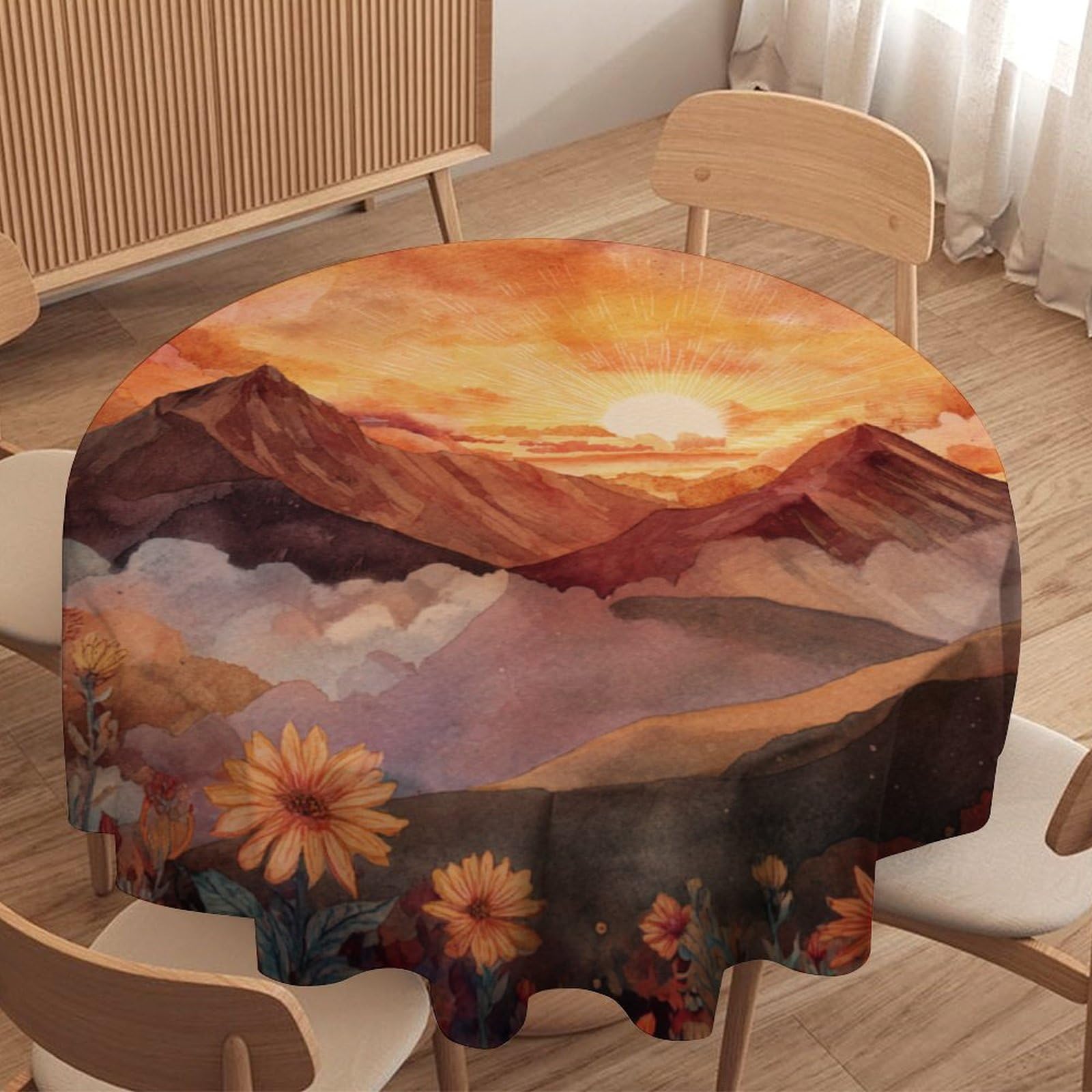 LUYYSKY Colorful Modern Sunrise Landscape Round Tablecloth Retro Aesthetic Natural Scenery Plant Daisies Flowers Print Washable Decor for Table Cover for Kitchen-127 Wx127 L cm