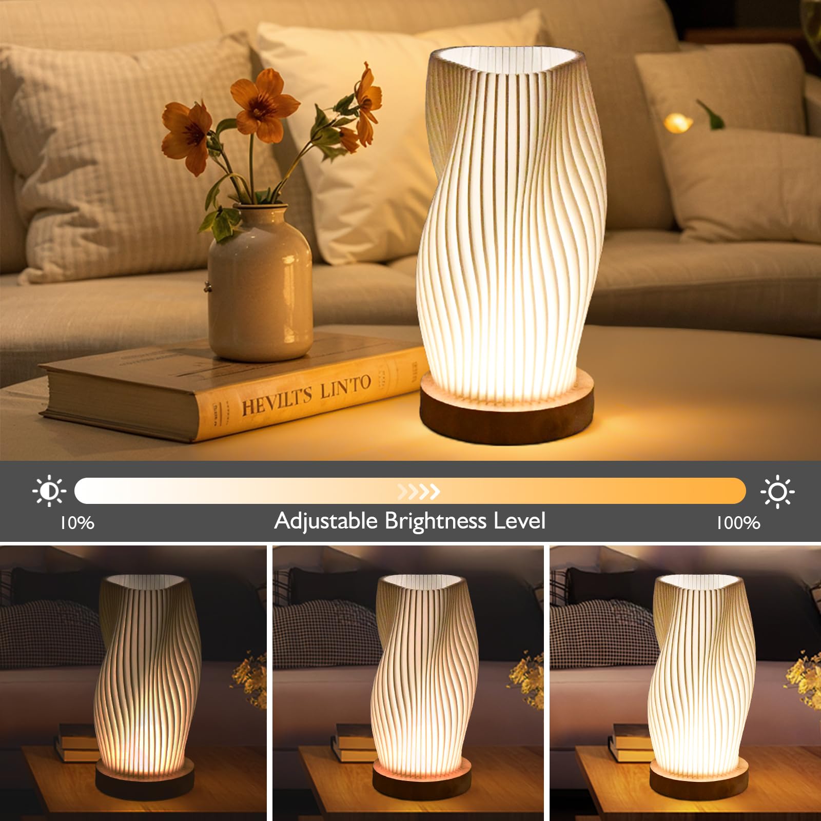 Lampada Da Comodino LED Con Paralume 3D | Legno E PLA | Dimmerabile 3 Colori E 9 Luminosità | Ricaricabile USB | Moderna E Artistica