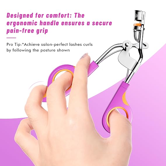 Eye Lash Curler with 6 Extra Replacement Pads, Whalrce Great Curling Effect Premium Lash Curler, Comfortable to Grip -Orange Purple Silver