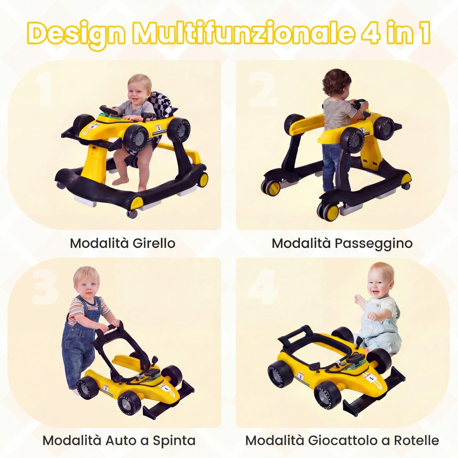 RELAX4LIFE Girello per Bambini 6-18 Mesi, Baby Walker 4 in 1 Trasformabile, Carrello Primi Passi e Macchinina a Spinta con Luci e Suoni, Altezza Regolabile, Pieghevole (GIALLO)