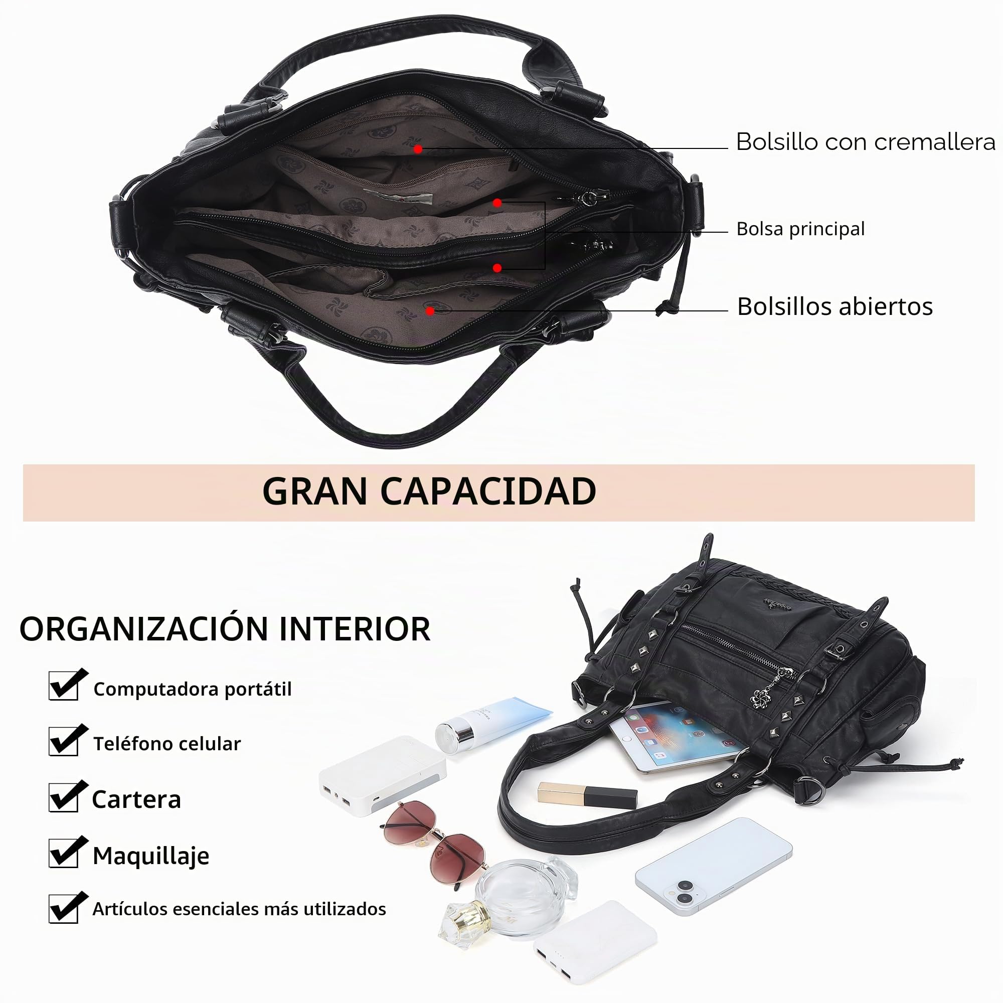 Angel Kiss - Bolso de hombro para mujer, bolso hobo retro con múltiples bolsillos, bolso de mano tipo cartera