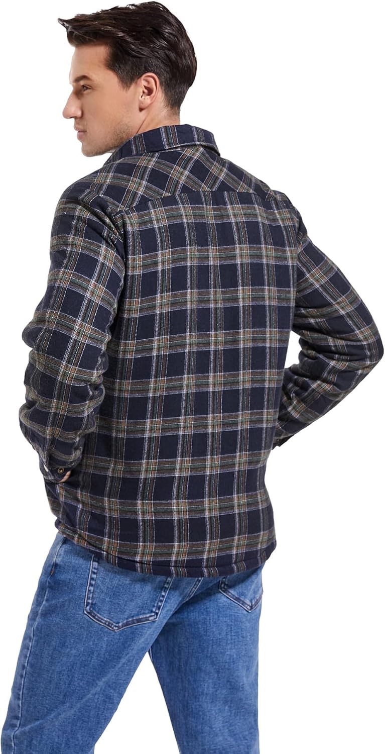 Men's Sherpa Lined Cotton Flannel Shirt Jacket Plaid Button Up Jacket Coat for Men with Pocket - Image 5