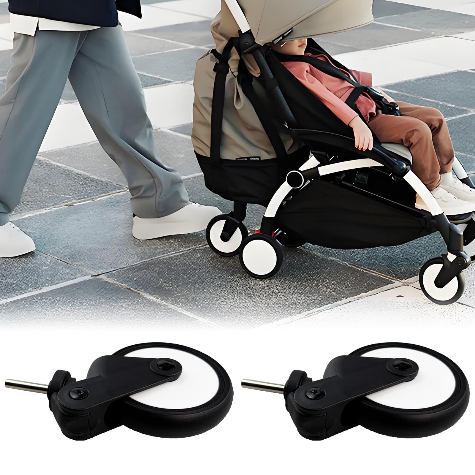 Flylin 1 paire de roues de poussette pour bébé, roues de poussette pour enfants en caoutchouc de remplacement avec outils pour poussette Yoya/Vovo (roue avant)