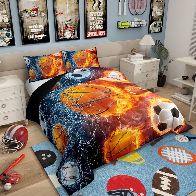 Erosebridal Sports Bedding Set for Boys Queen,Baseball Basketball Comforter Set Soccer Football Bedding Comforter Sets for Kids Teens Men,Red Blue Ice Fire Lightning Decor Quilt Duvet Set 3 Pcs
