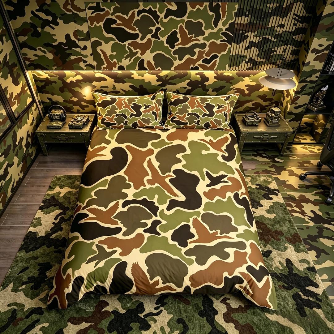 Loussiesd Duck Hunter Green Camouflage Hunting Bedding Set Junior/Cot Bed Black Brown Comforter Cover Set for Boys Teens Camo Army Duvet Cover Breathable Wild Bedspread Room Decor Quilt Cover โ image 1