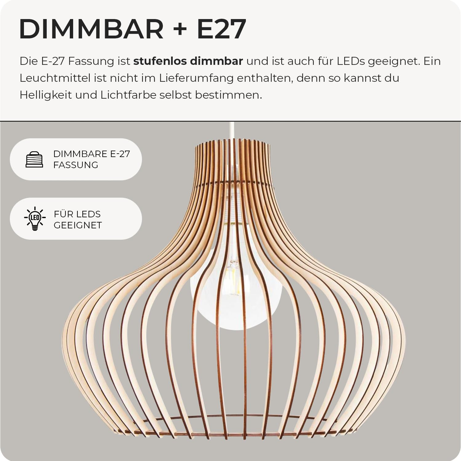 Pendelleuchte Holz „Iduna“, skandinavische Hängelampe Esstisch + Wohnzimmer, Boho Hängeleuchte höhenverstellbar + dimmbar mit E27 Fassung (HxD 50x55 cm, Iduna)