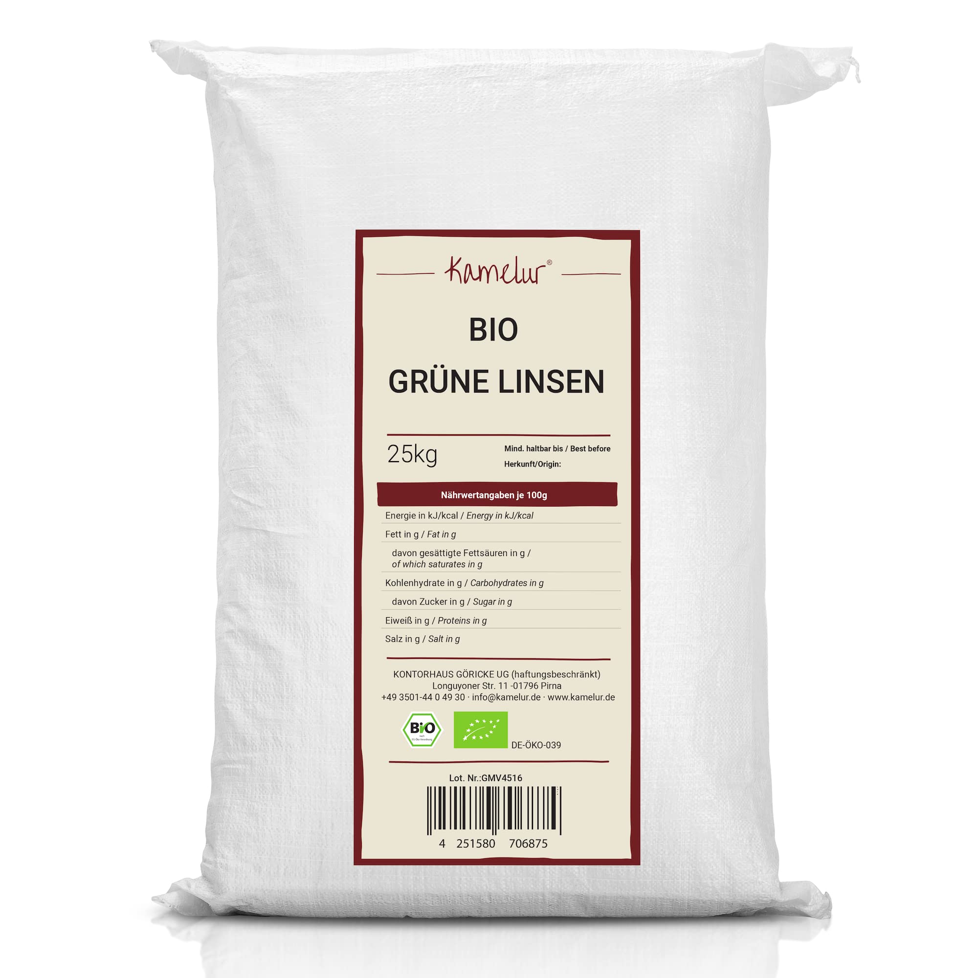 Kamelur 25kg BIO grüne Linsen getrocknet – getrocknete Hülsenfrüchte BIO ohne Zusätze – getrocknete Linsen grün in der Großpackung