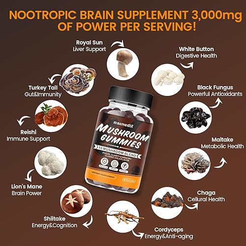 Miniatura 3 de maxmedix Gomitas de hongos - Suplemento de hongos 10 veces con Ashwagandha y melena de león, refuerzo del cerebro, apoyo inmunológico, energía,