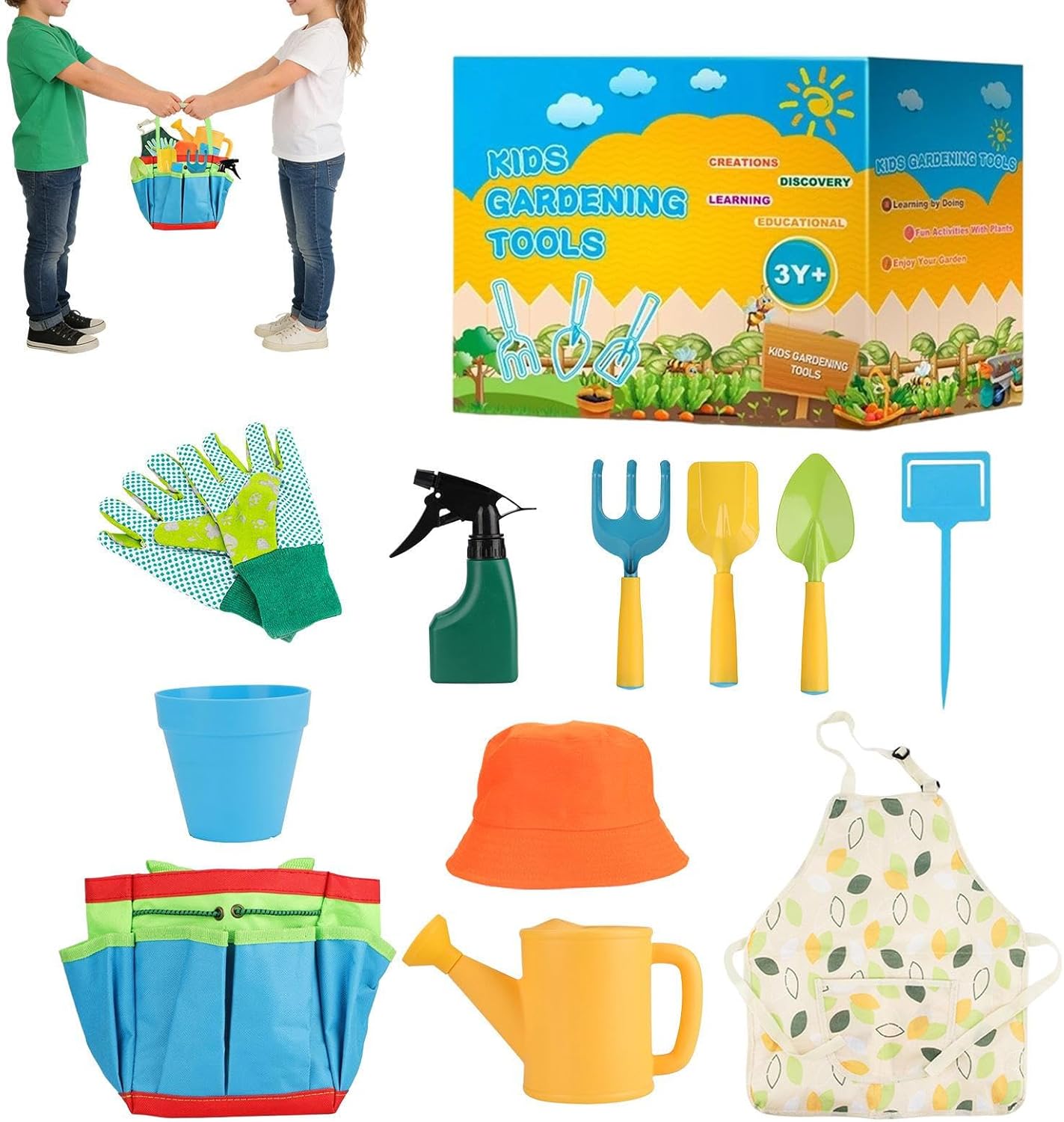 Kid Gardening Tools, 7.9x10.2x4.7 Inch 11 Piece Toy Set, PP Watering Can Rake for Gardens, Vegetable Fields, Parks, Beaches, School, Play, Home