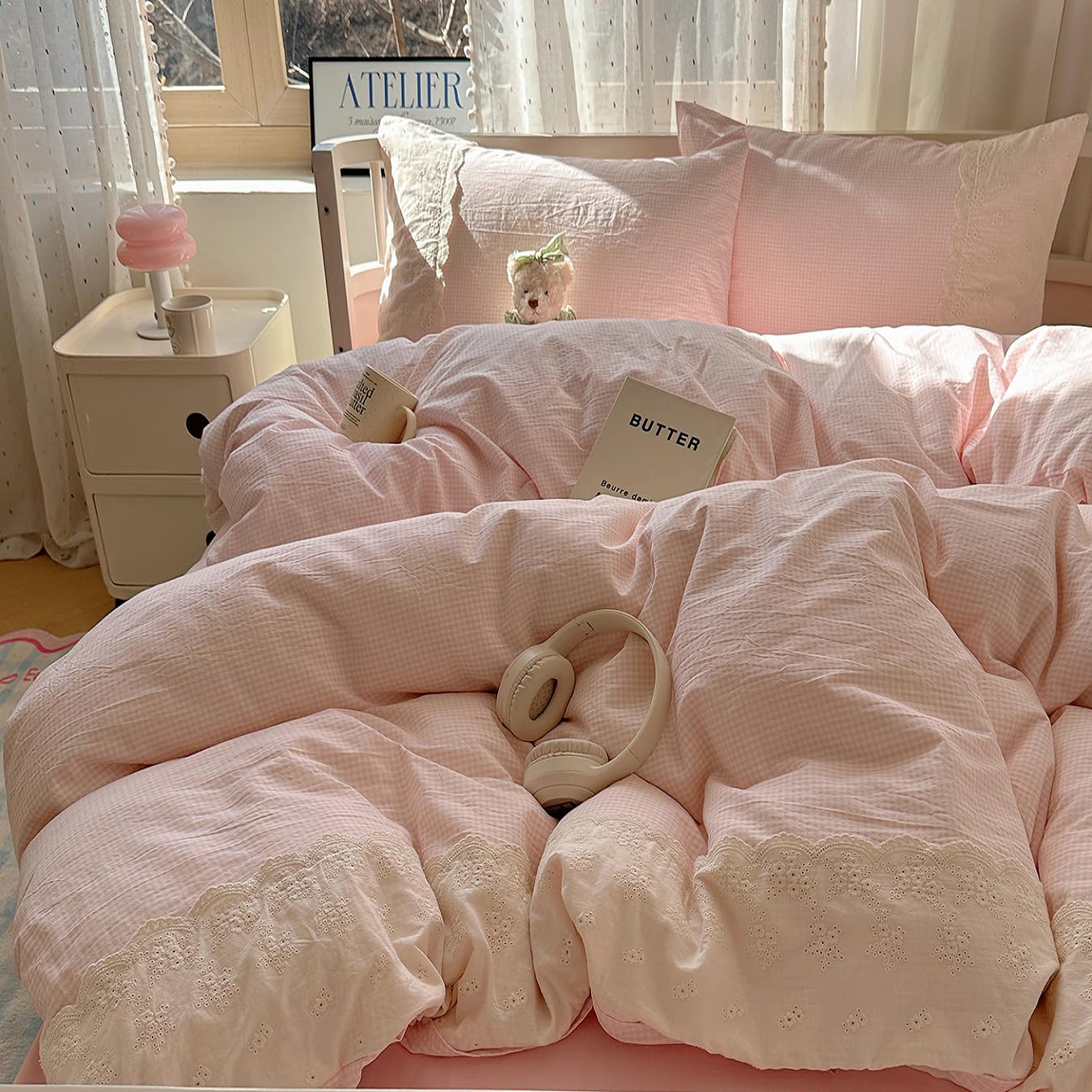 LifeTB Pink Gingham Comforter Set King Fluffy Soft Microfiber Pink Grid Bedding Comforter Romantic Lace Style Farmhouse Gingham Bedding Set Vintage Plaid Checkered Comforter Set for All Seasons โ image 1