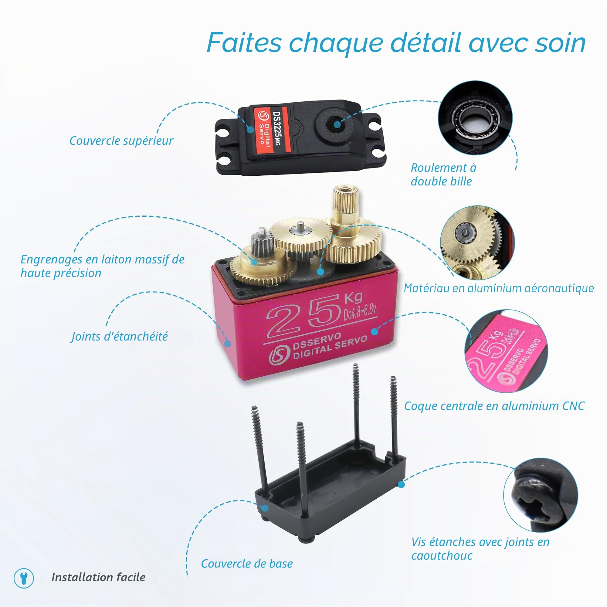 25kg Servo Numérique, Engrenage Entièrement en Métal Étanche à Couple élevé Servomoteur Angle de Direction 270° Convient pour RC Traxxas HSP RC Voiture Avion Navire Robot DIY (2pcs)