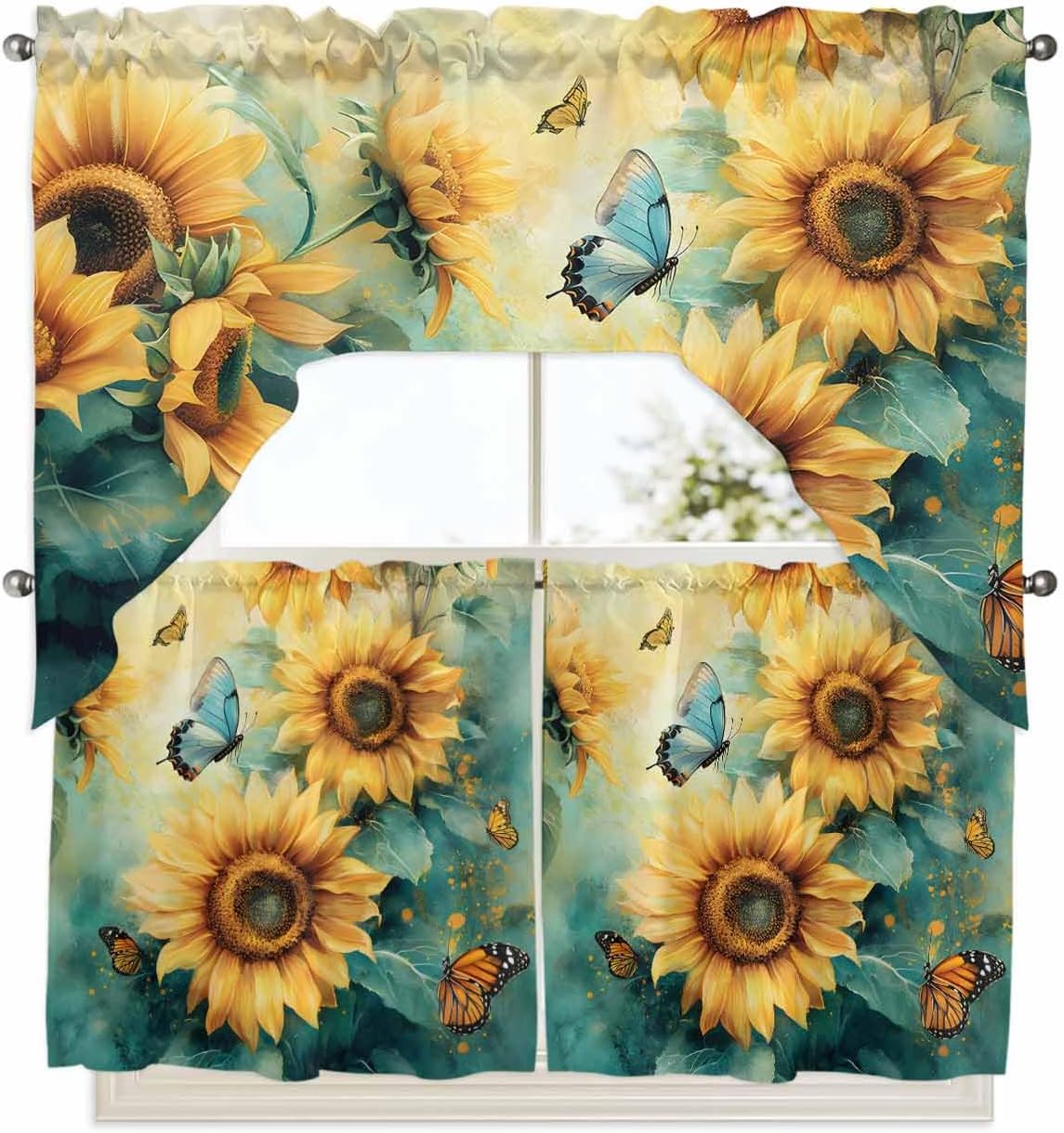 Sunflower Butterfly Swag Kitchen Curtain Sets with Valance,3 Pieces Retro Green Yellow Pastoral Floral Curtain Drapes Rod Pocket for Bedroom Bathroom Cafe Windows,56''x36'' & 24''x27.5''x2Panels