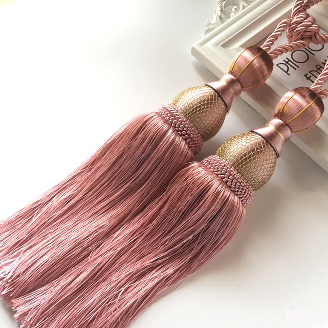 2 lazos de cortina grandes, alzapaños de bola, borlas, cuerda de cortina para tejer a mano, cordón de cortina para decoración de ventanas del hogar y la oficina (rosa)
