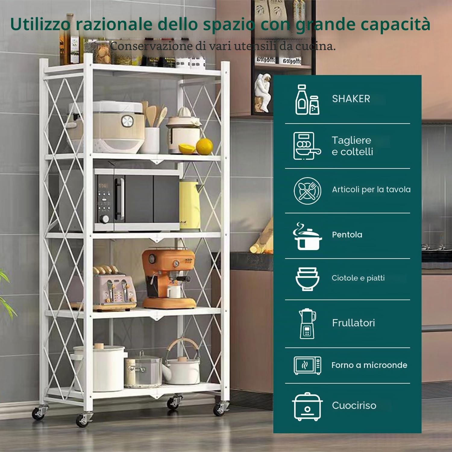 Scaffale pieghevole a 5 ripiani, scaffale in metallo con ruote, 100 kg, per cucina, bagno, soggiorno
