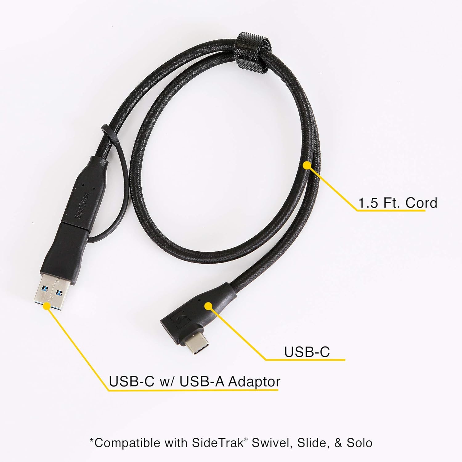 SideTrak USB-C® to USB-C® Cable & USB-A Adapter | Durable, Flexible, Tangle-Free Braided Nylon Cord | 1.5ft | Black