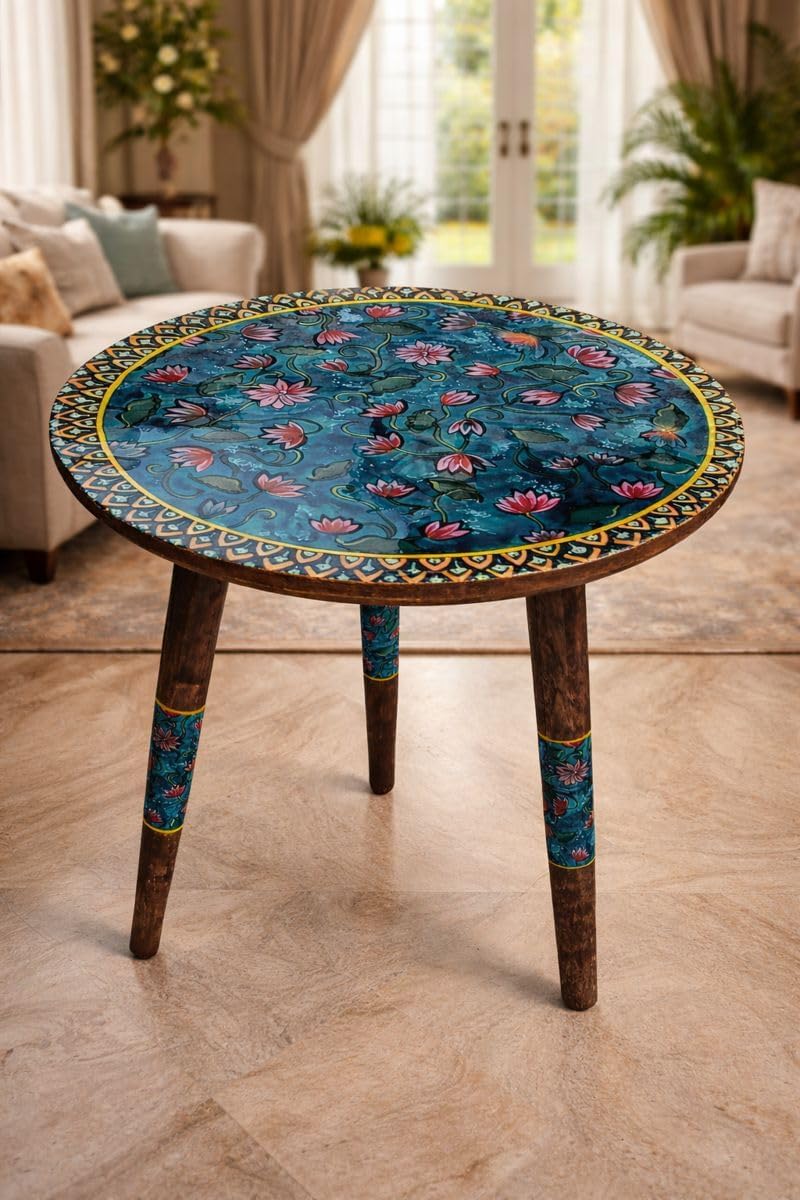 Handcrafted Round Wooden Side Table with Floral Resin Inlay Mid-Century Modern Accent Table Night Stand Sofa Side Bed Side Enterway (16 Blue Lotus Table New)-image-41