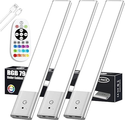 Diomart Luces para debajo del gabinete, 79 luces LED recargables debajo del gabinete con control remoto, paquete de 3 luces LED RGB regulables para