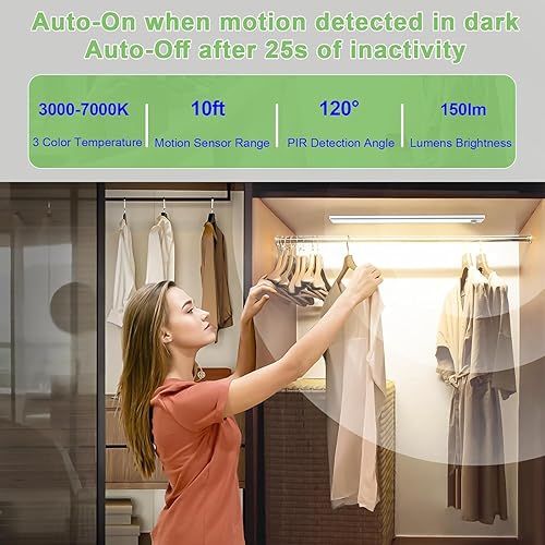 Miniatura 3 de WOLDFY Luces de 3 colores regulables para debajo del gabinete, inalámbricas 2 unidades, 2000 mAh recargable LED sensor de movimiento iluminación