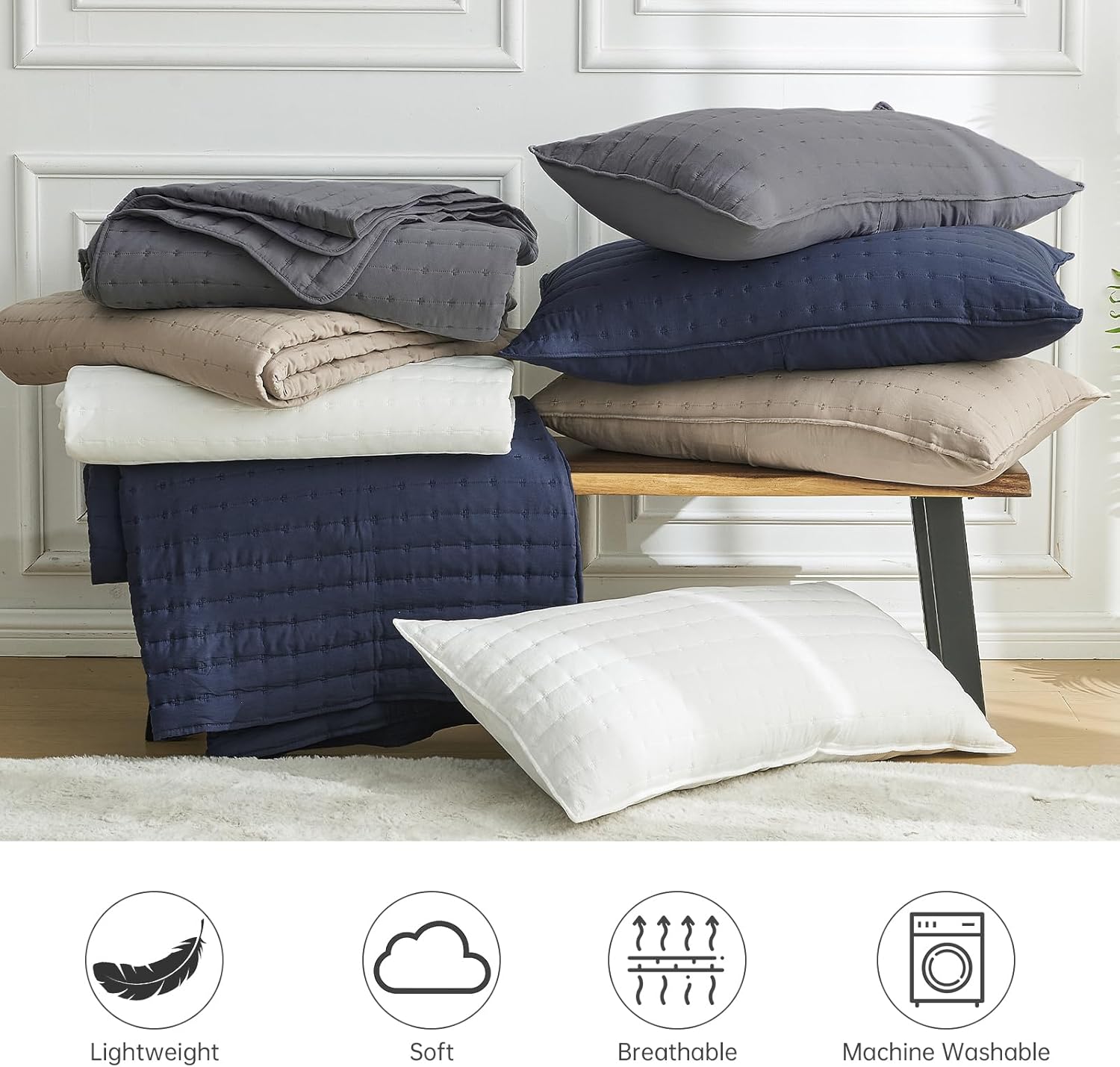 Quilt Sets, King Size 3 Pieces -106"x96" Quilted Bedspread with Shams, Bedspread Coverlet Khaki Lightweight Cross-Stitch Bedding Decor for All Seasons