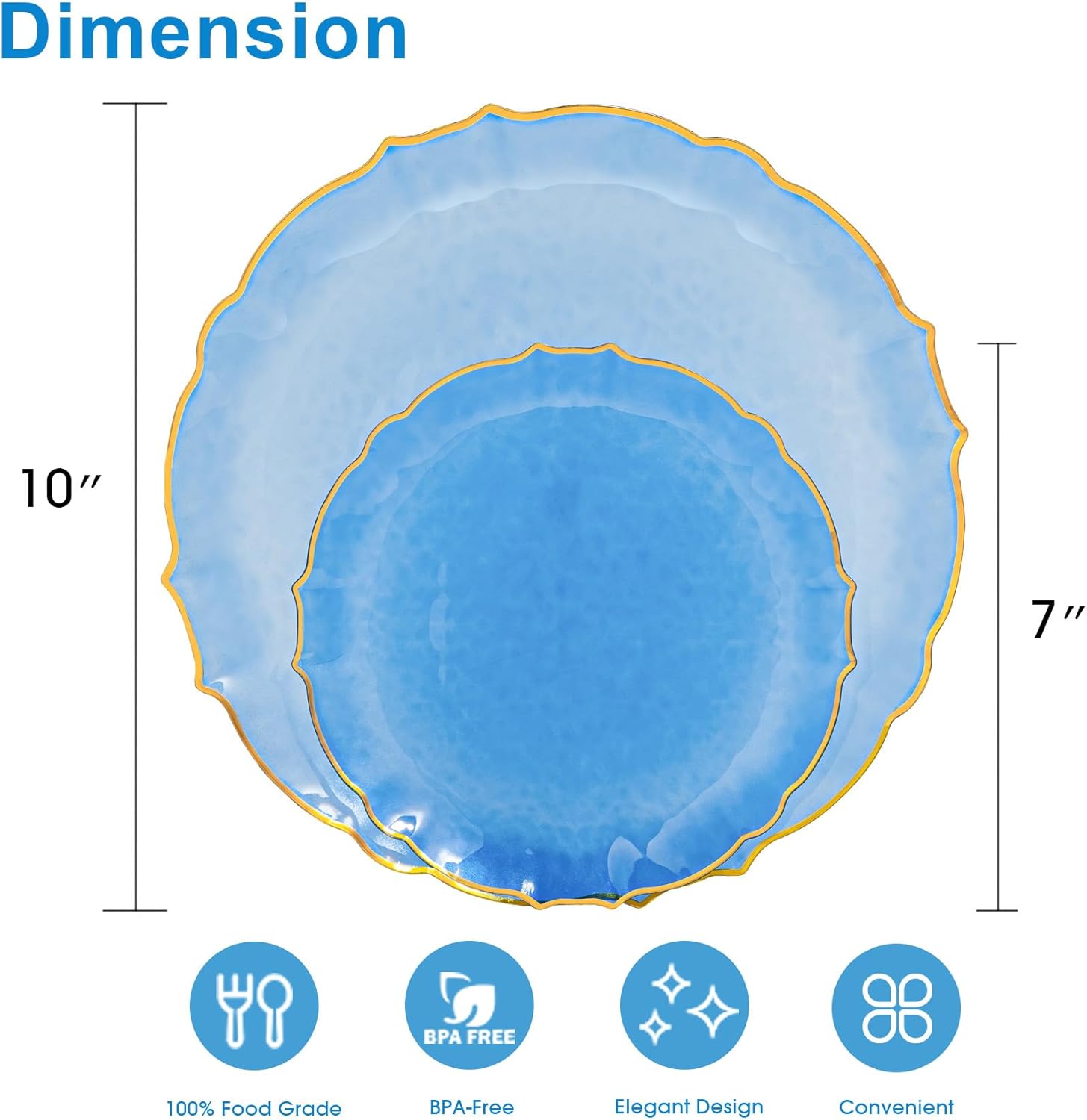 Lullaby 50pcs Translucent Blue Plastic Plates with Gold Rim, Fancy Lace-Edged Disposable Plates include 25pcs Dinner Plate 10”, 25pcs Dessert Plate 7”, Perfect for Party, Wedding, Holiday - Image 2