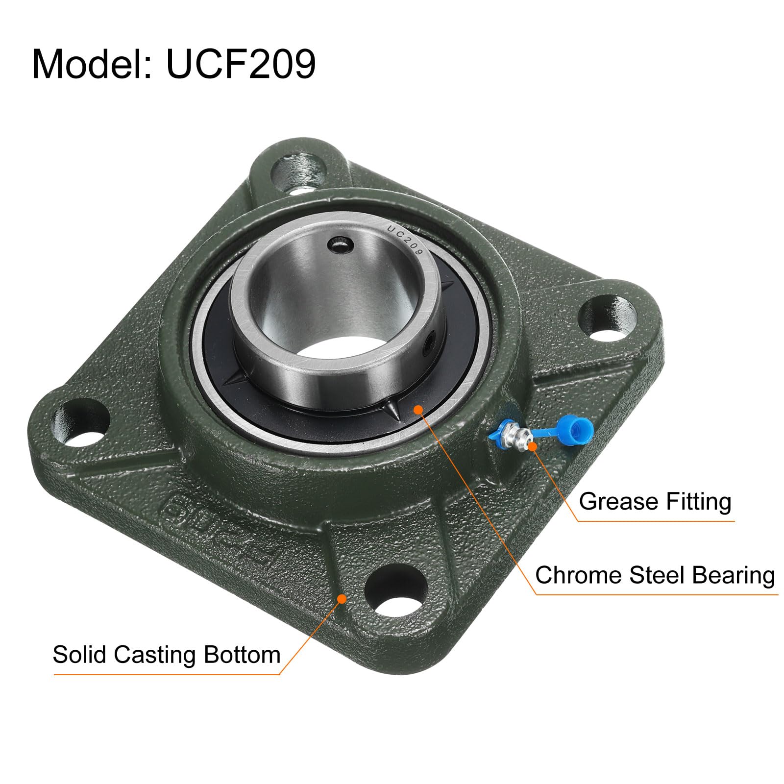 2pz UCF209 Cuscinetti a Blocchetto Cuscino con Foro 45mm Cuscinetti | Acciaio Cromato Montati Flangia Quadrata, Autoallineanti, con Base Ghisa Solida