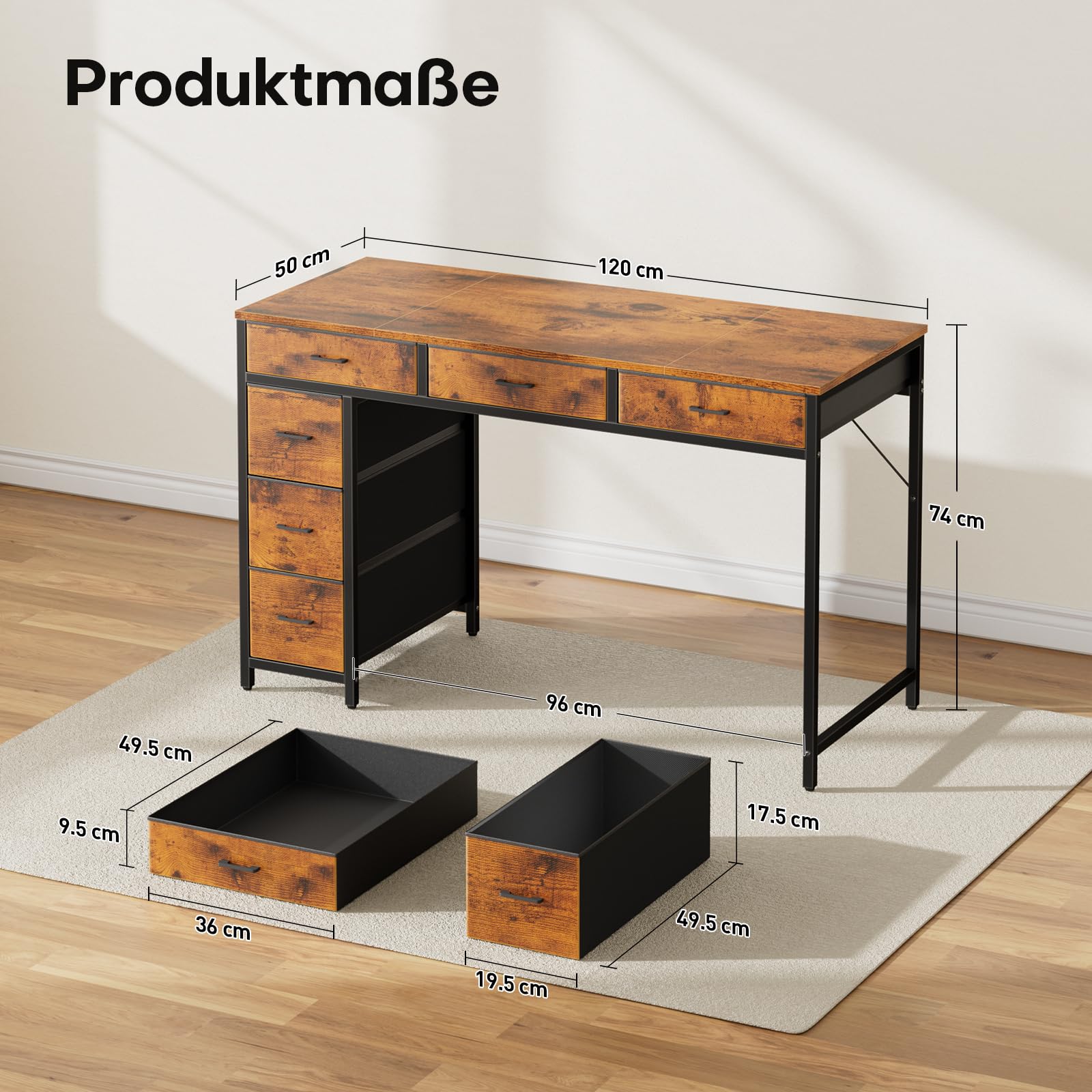 HLONONE Schreibtisch mit 6 Stoff Schubladen, 120cm Reversibler | Computertisch mit Stauraum, Modern PC Tisch für Office Wohnzimmer und Arbeitszimmer, Vintagebraun
