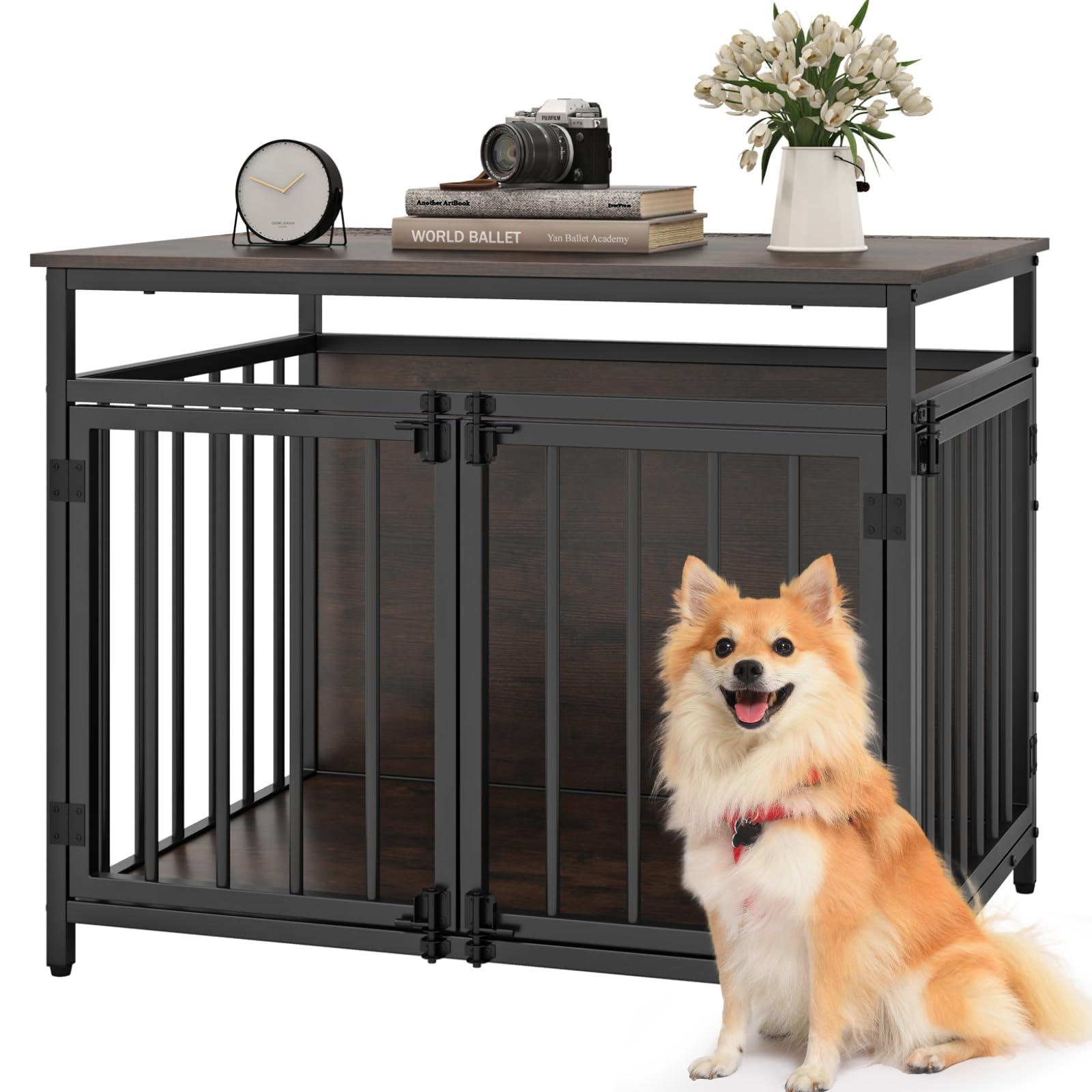 Maxmass Wooden Dog Crate, Furniture Style Puppy Cage with Adjustable Foot Pads, Indoor Dog Kennel Industrial End Table for Living Room Bedroom (3 Doors: 80 x 60 x 64cm)