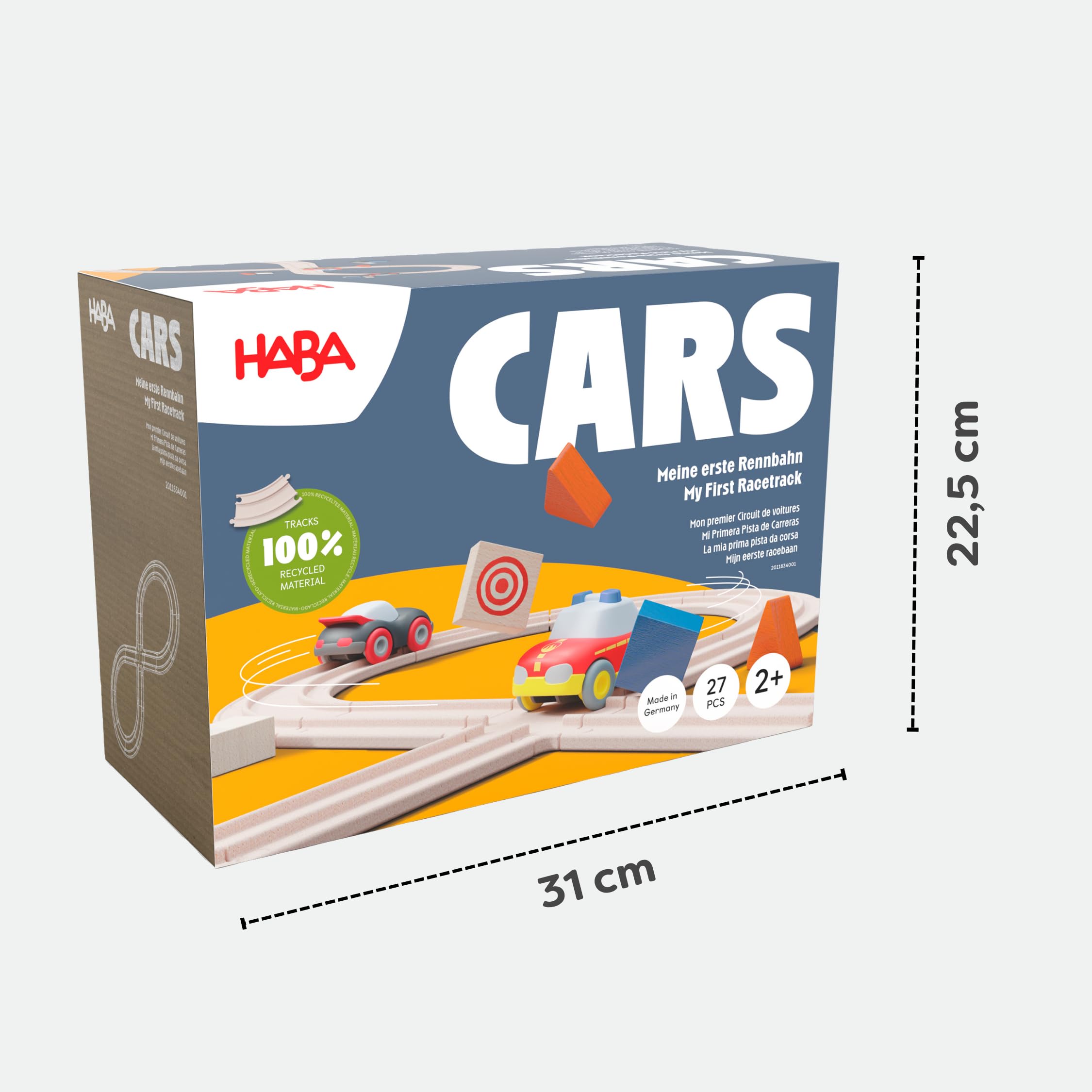 HABA Cars Meine erste Rennbahn – 27-teilige Holzbahn mit Holz-Schienen & 2 Flitzern – Nachhaltiges Öko-Spielzeug ab 2 Jahren – Geschenk zum 2. 3. & 4. Geburtstag & Weihnachten