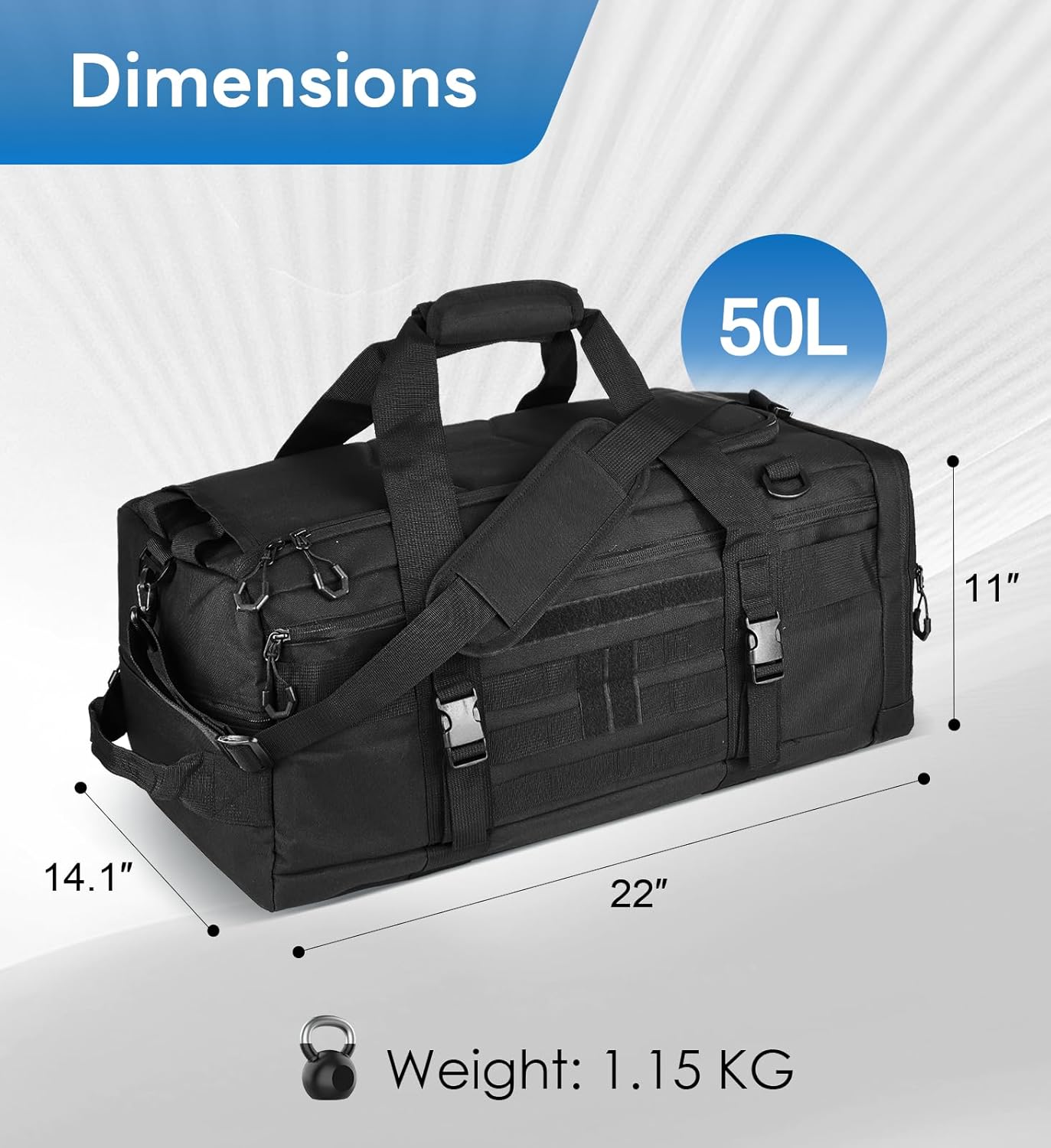 50L Large Duffle Bag, 3-in-1 Tactical Backpack MOLLE Pack for Sports/Gym/Outdoor, Black - Image 6