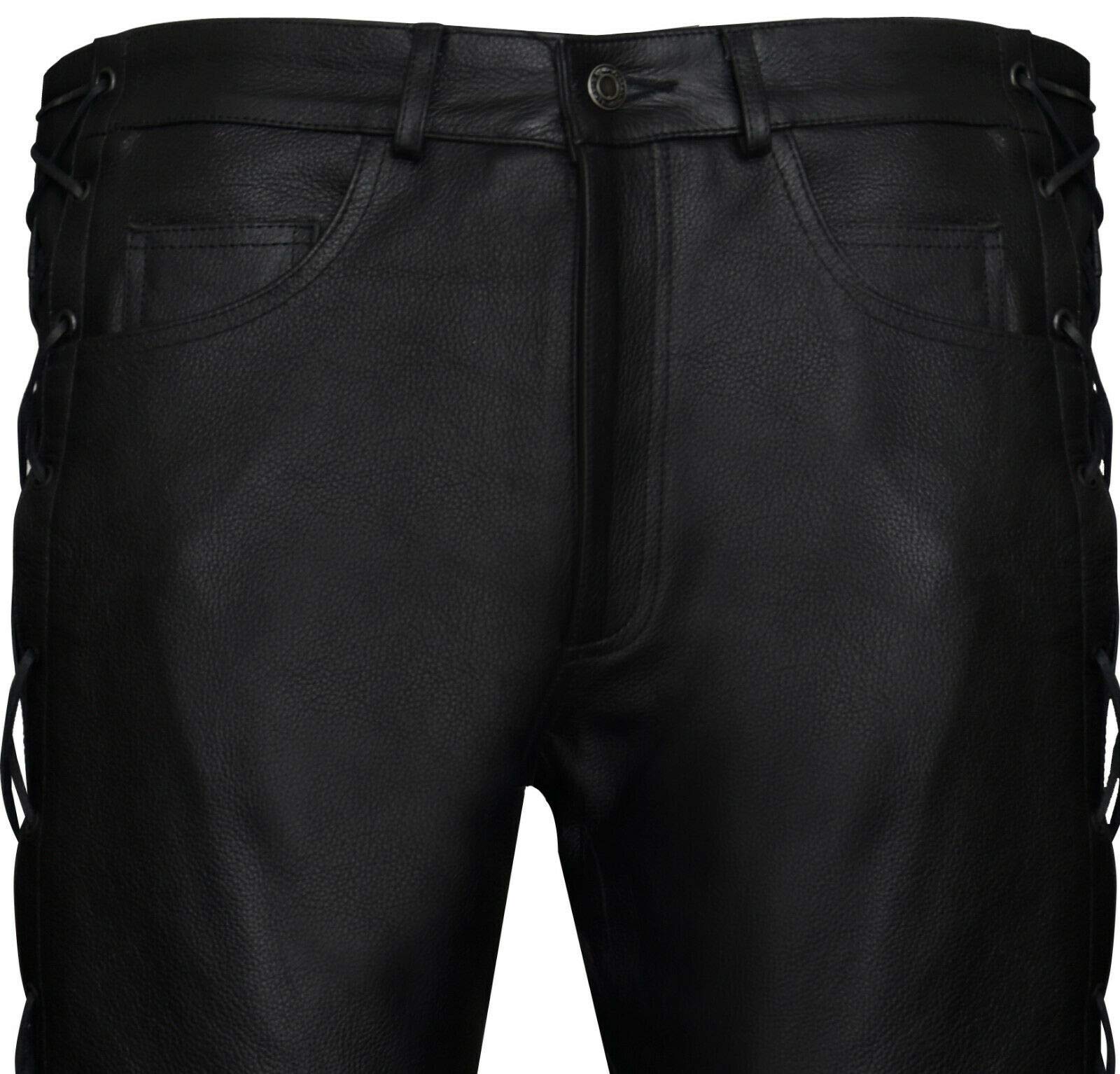 Infinity Leather Pantalones de Moto de Cuero para Hombre Vaqueros Clásicos de Piel de Vaca Negra con Cordones