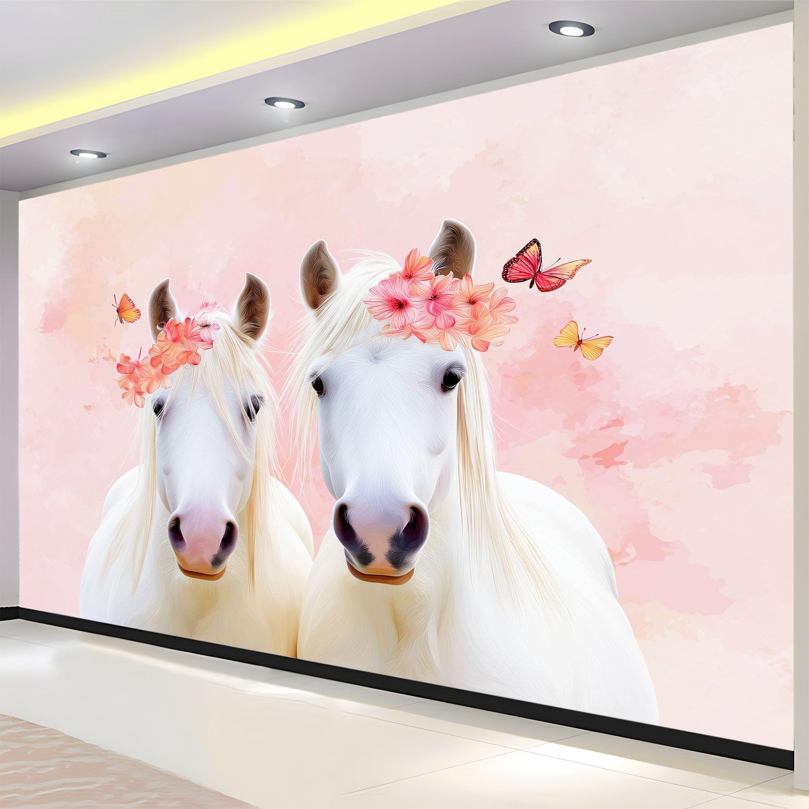 Artystyczna fototapeta 3D zwierzę biały koń różowe kwiaty włóknina mural, marzycielskie zwierzęta salon sypialnia tapeta dekoracja - 250 x 175 cm fototapeta - salon sofa tło telewizora
