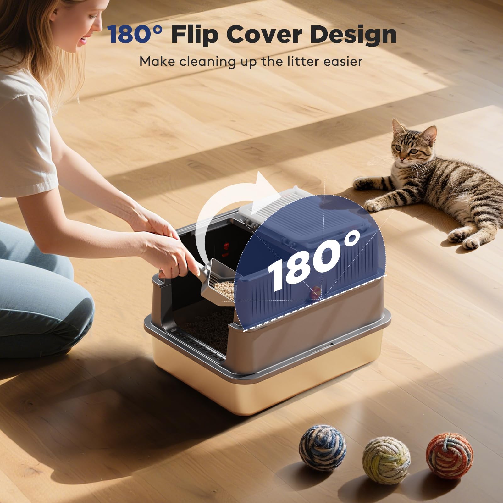 FURTIME Pequeña caja de arena cerrada de acero inoxidable con tapa para gatitos | Caja de arena de metal para gatos pequeños, caja para gatos con caja de alta cara y cuchara, sin olor, antifugas, color gris