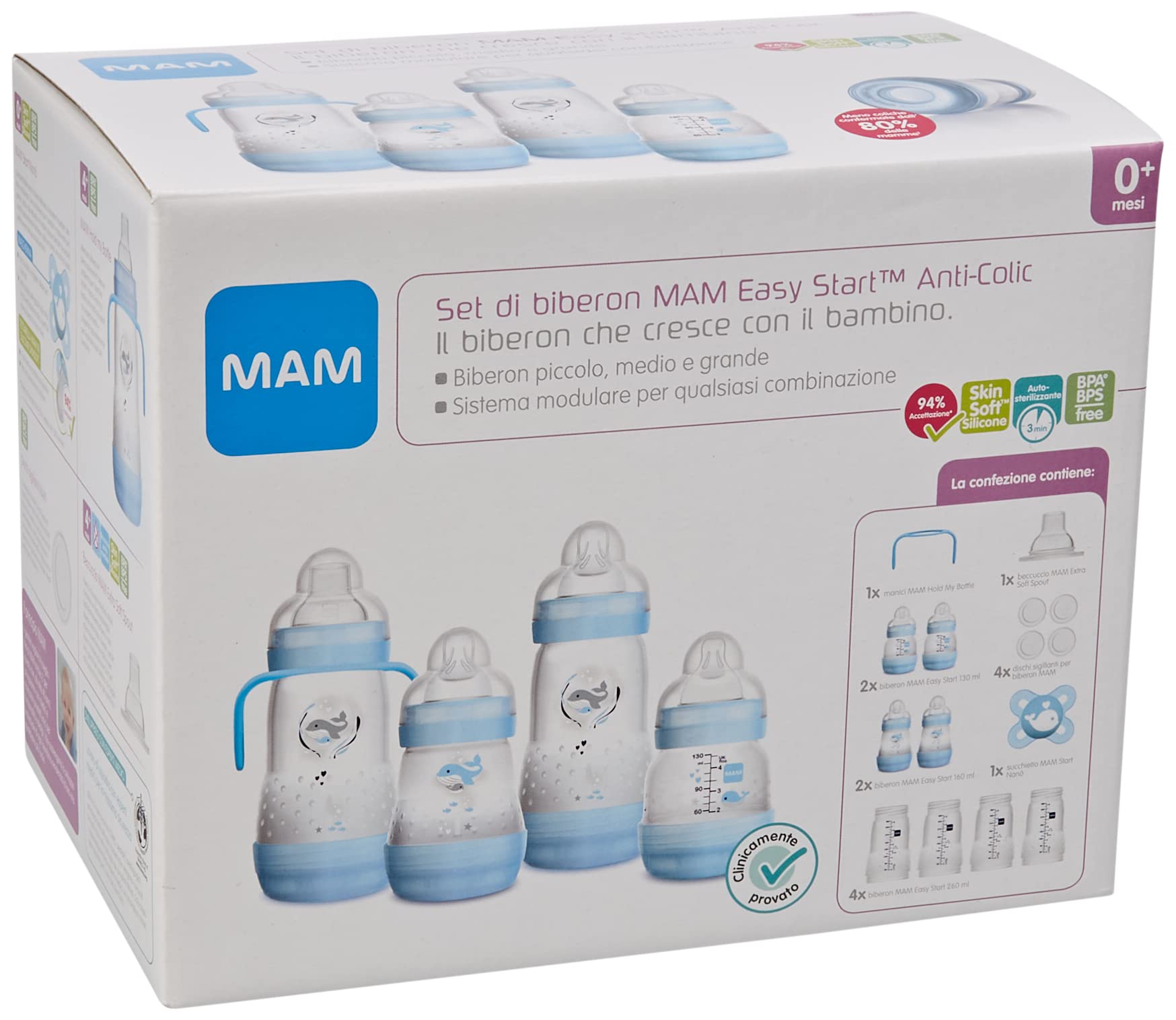 Mam Easy Start Anti-Colic Babyflasche, 8 Flaschen in den Formaten 130 ml, 160 ml und 260 ml, 1 Start Nano, 4 Dichtstoffscheiben, 1 extra weicher und griffiger Ausgießer, Sortiert Farbe, 7- 30 g