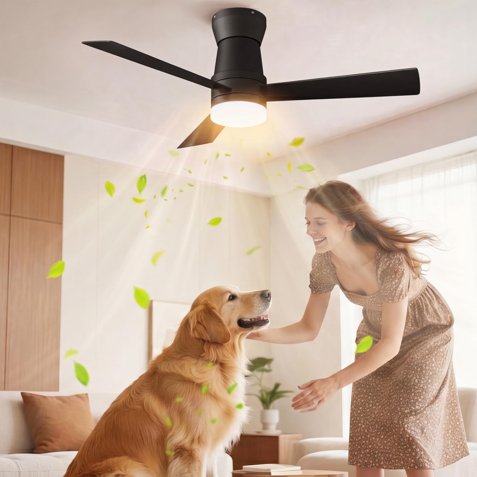 Ventilador de techo con 6 velocidades, 3 cuchillas, temporizador 1/4/8h, negro | Ventilador DC, motor de atenuador de frecuencia, funcionamiento verano/invierno,para sala de estar, dormitorio