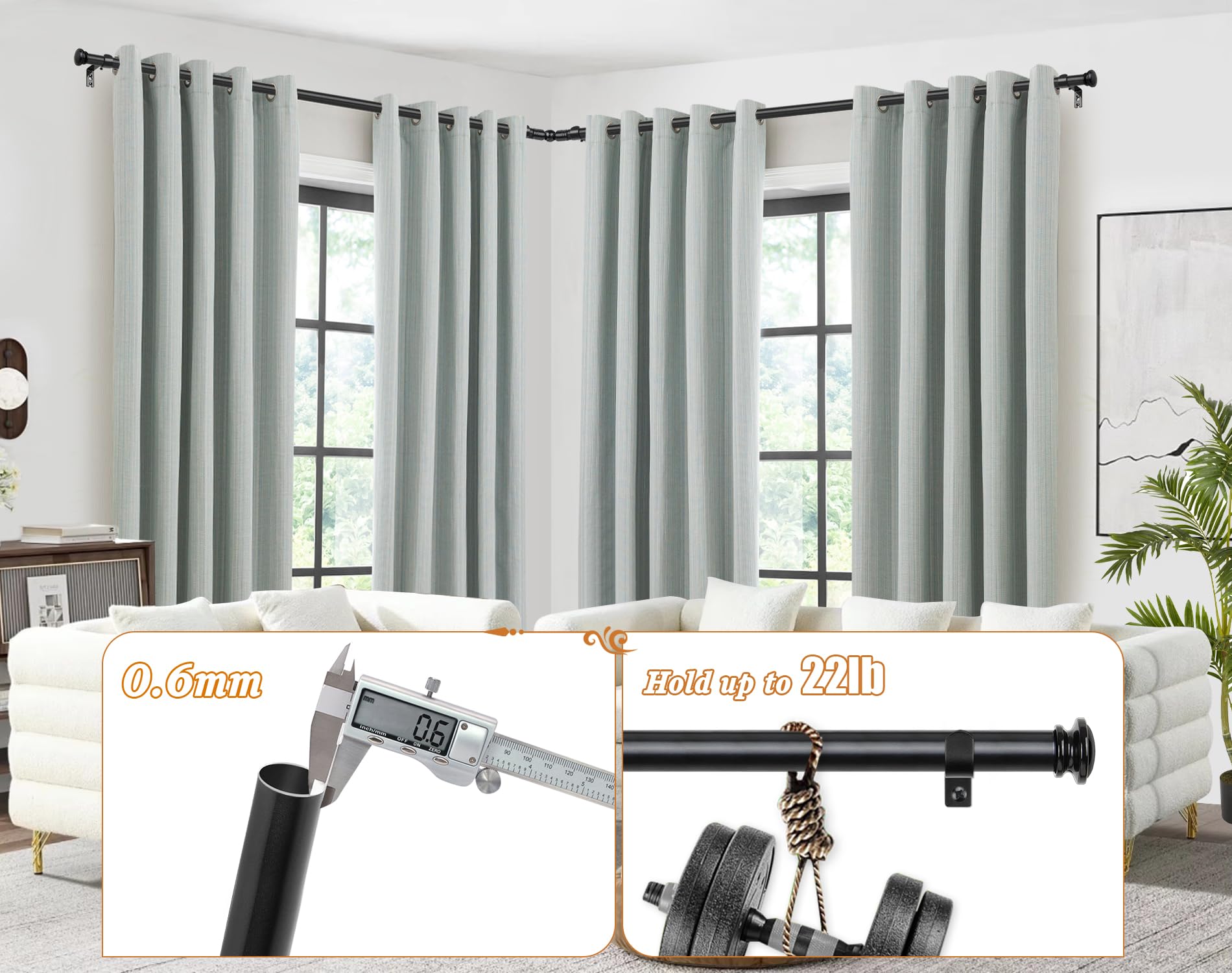 TONIAL Gardinenstangen für Eckfenster, 81,3–218,4 cm Mittelstange, 50,8–208,3 cm Seitenstange, 1,9 cm dekorative Vorhangstangen mit kleinem Endknauf,