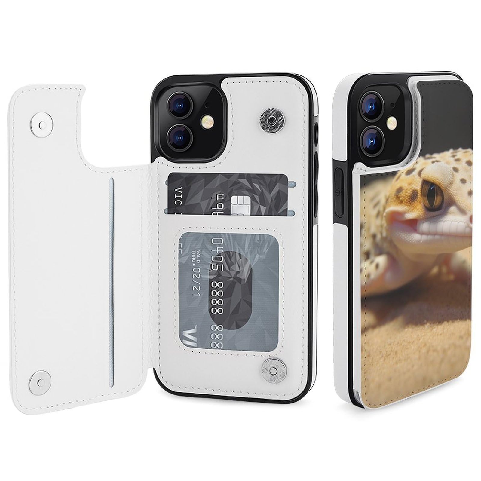 Fundas tipo cartera para iPhone 12, estampado de geco de leopardo arena, funda de piel con ranuras para tarjetas