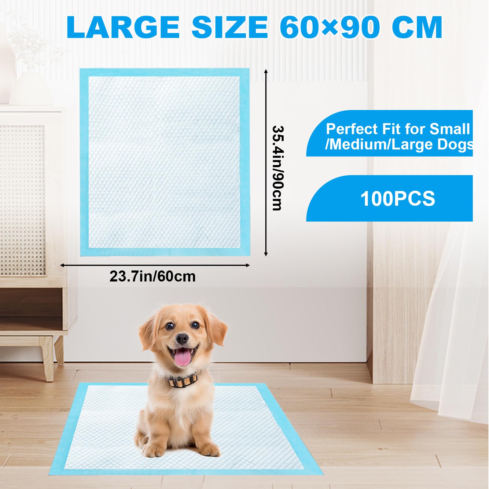 Podkładki treningowe dla psów 60 x 90 cm – 100 sztuk jednorazowych podkładek, 6-warstwowe maty PIPI dla szczeniaków i psów, bardzo chłonne, szczelne i bezzapachowe, niebieskie, jednorazowe