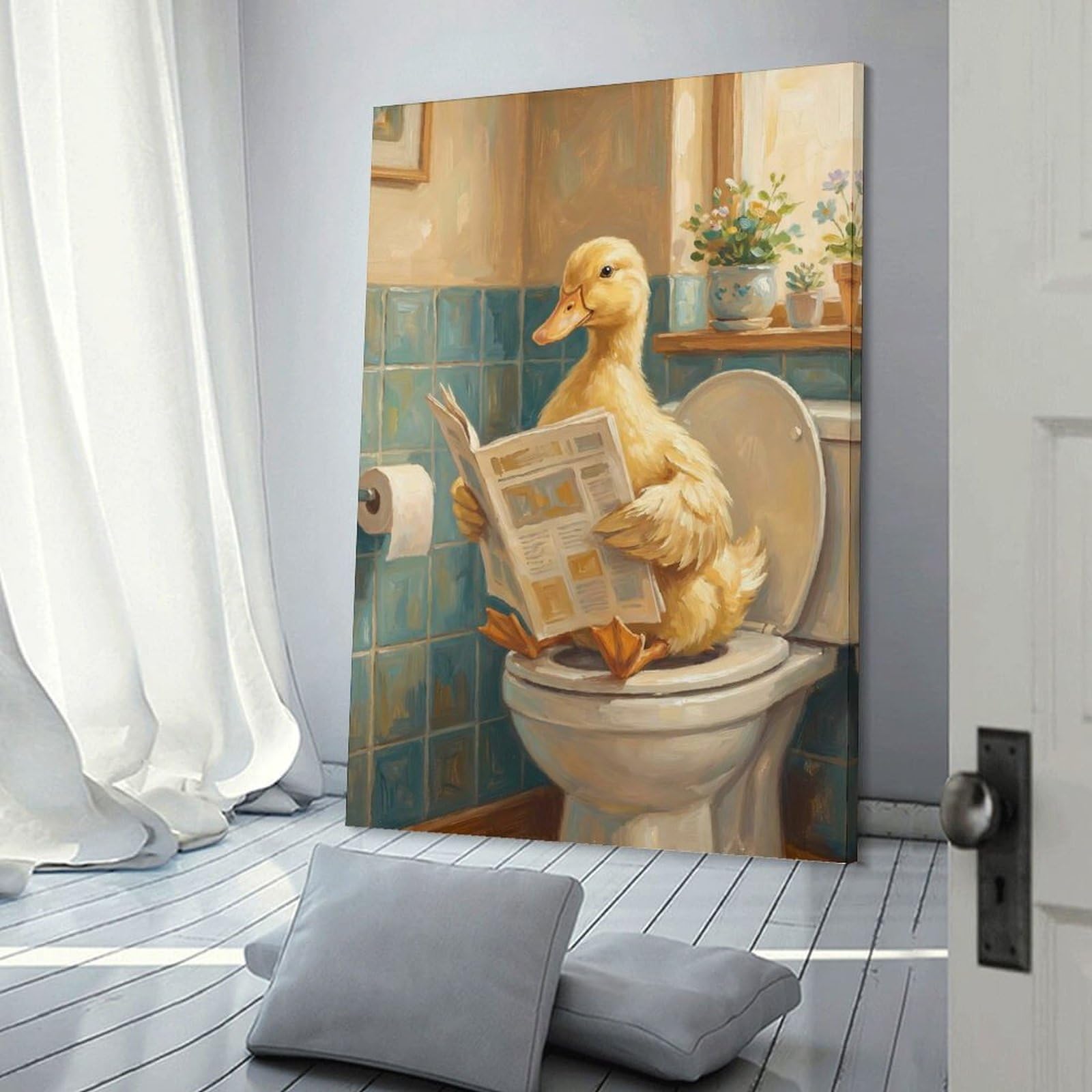 Junmoney Frame-Style-22 Canvas Art Print Duck Reading Newspaper On Toilet, 08X12inch(20X30cm), For Contemporary Homes, Apartments Or Offices, Decorative Canvas Decor For Home Updates