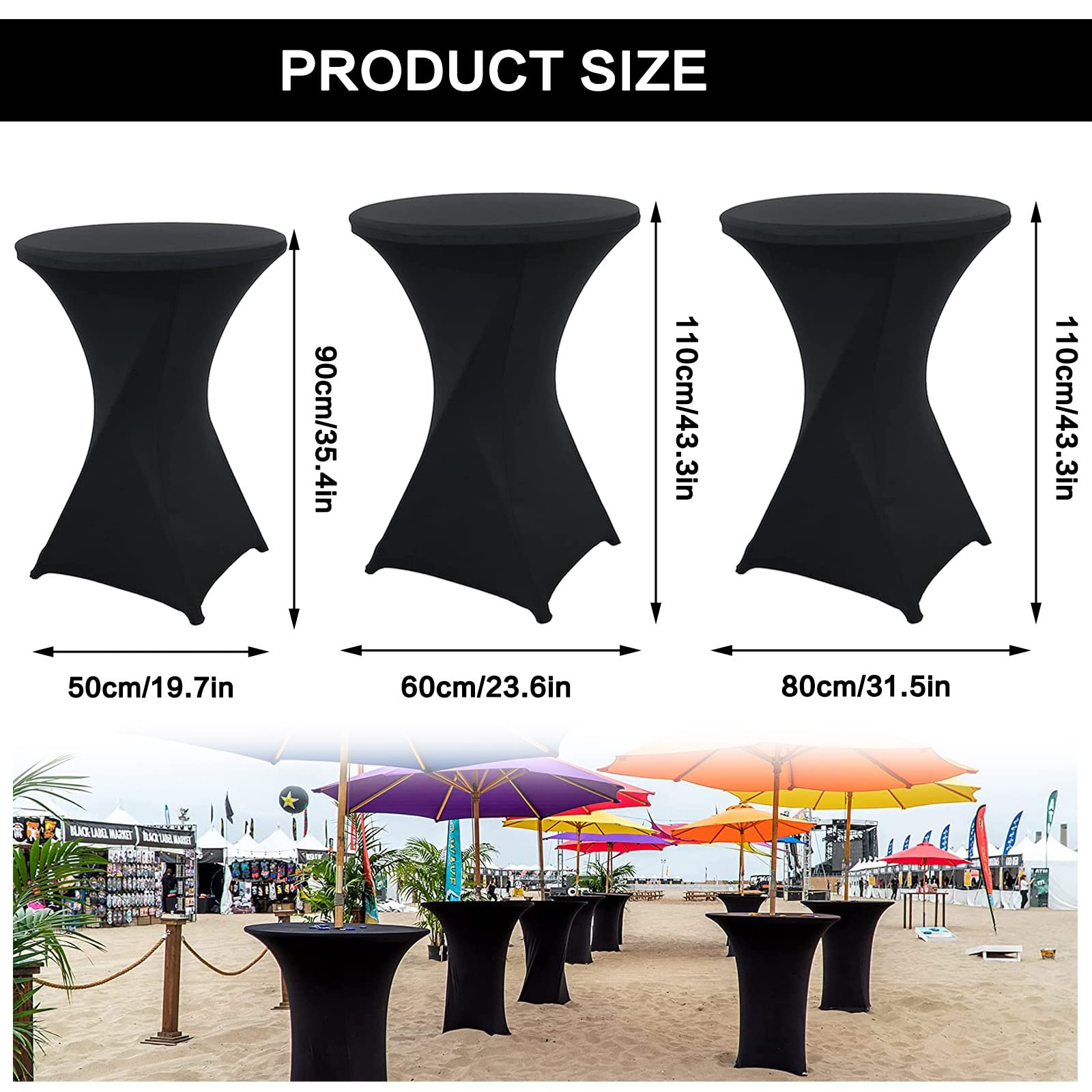 Paquete de 4 Mantel de Cóctel, Spandex Mantel Elastico para Cóctel, Mantel para Bar, Boda, Banquete, Mesa,Negro,80x110cm
