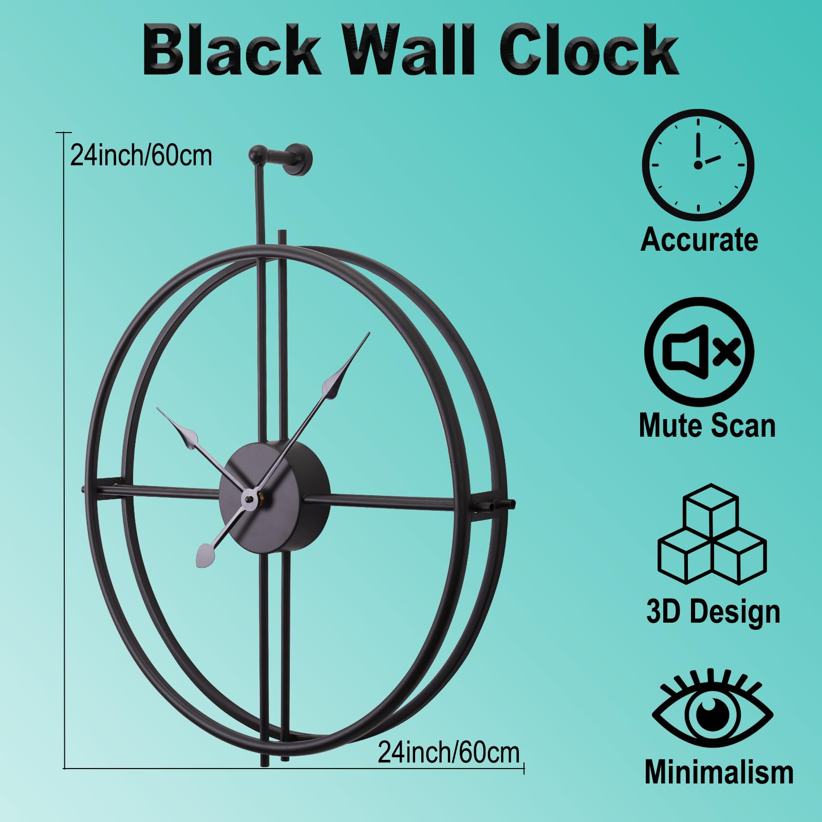 24 Inch Black Slient Wall Clock Battery Operated,Large Non-Ticking Modern Wall Clock for Living Room Bedroom Kitchen Bathroom Office Home Farmhouse Decor