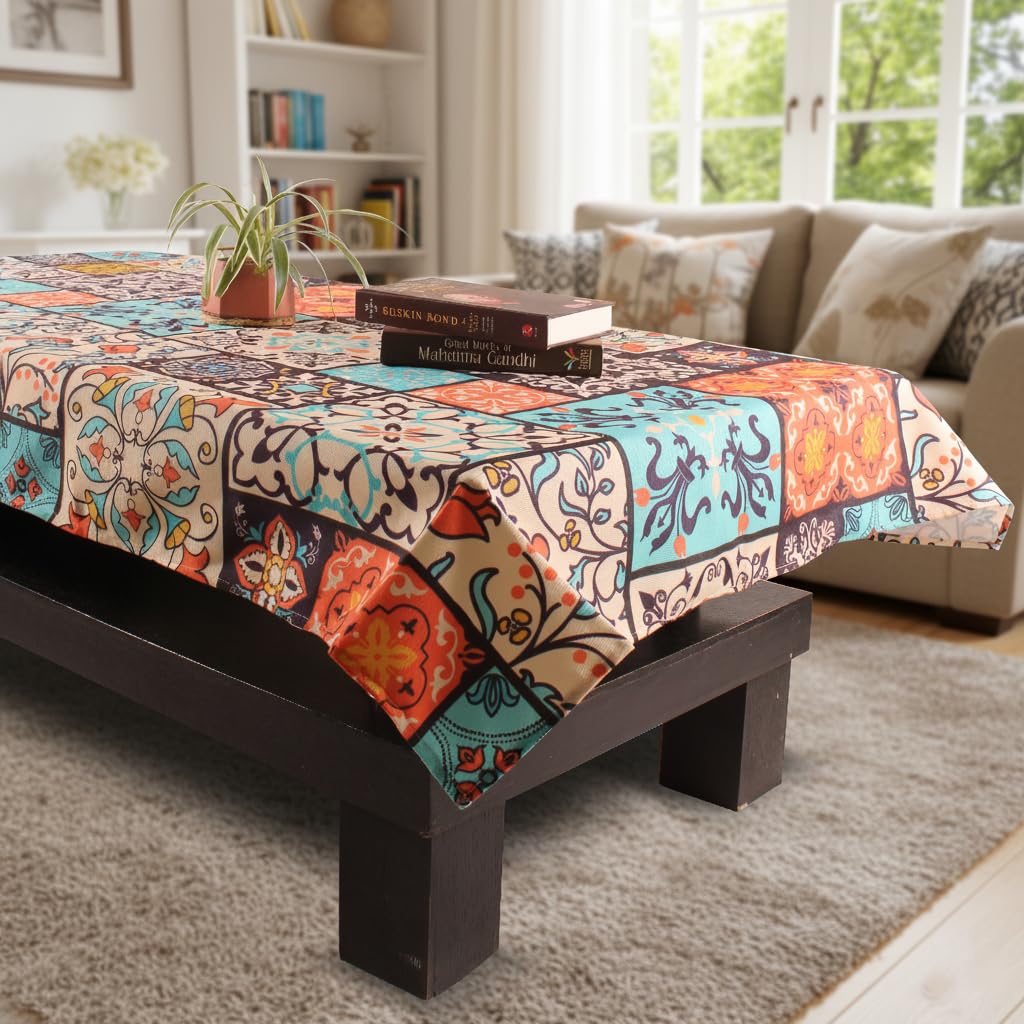 STITCHNEST Geometric Abstract Printed Poly-Cotton Center Table Cover – Vibrant Orange & Teal Rectangle Tablecloth for Coffee & Centre Table – Durable, Washable, Fade-Resistant Fabric – 40 X 60 Inches