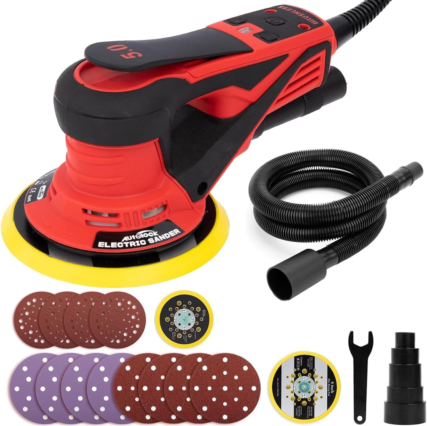 Autolock Electric Orbital Sander, 125/150mm Plates, 350W Electric Sander, 6 Speeds Up to 10,000 RPM, For Woodworking and Polishing (Red)