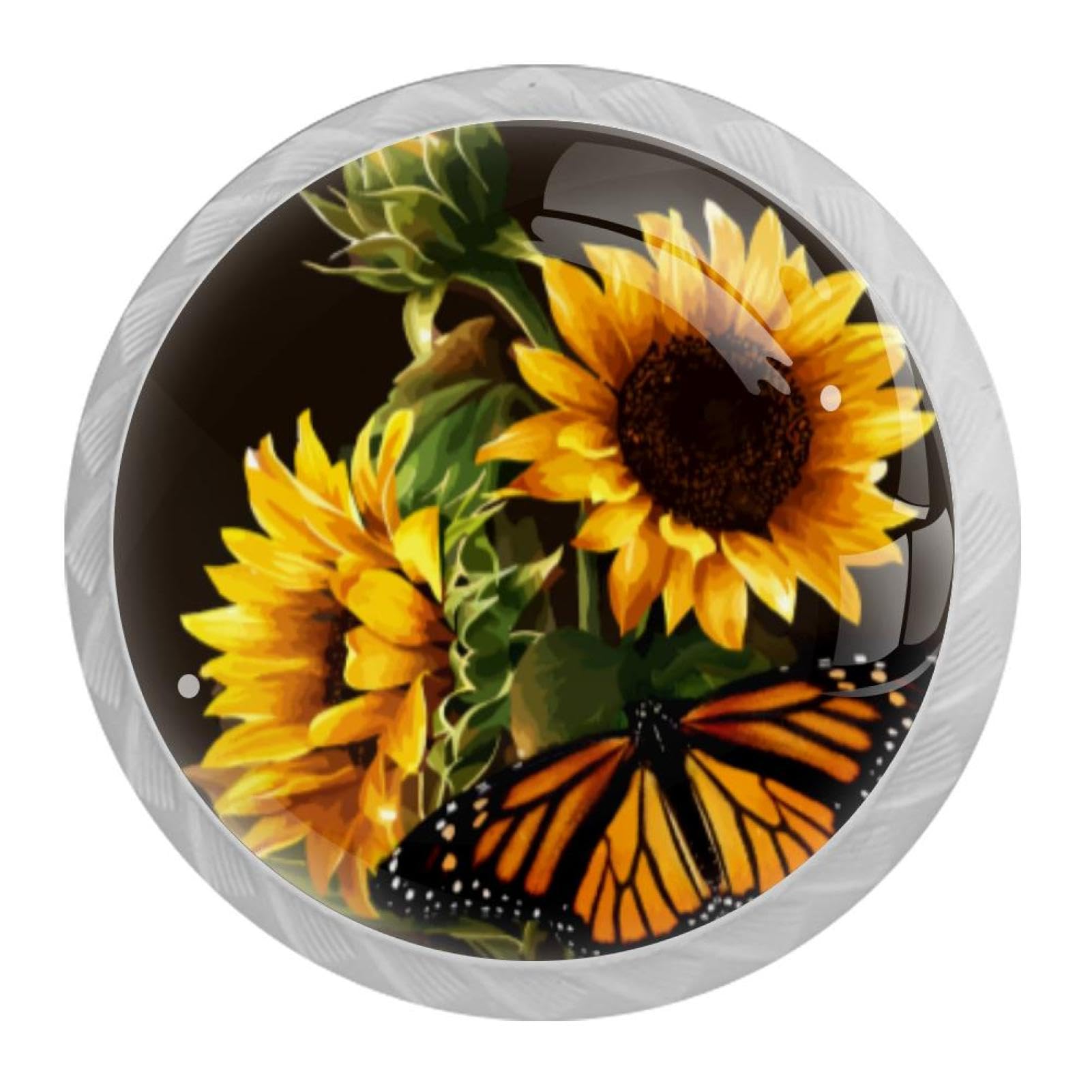 Tqmspg 4 Pieces Drawer Pulls Sunflowers and Butterfly Door Knobs Dresser Handles for Kitchen Wardrobe Cupboard Hardware Furniture