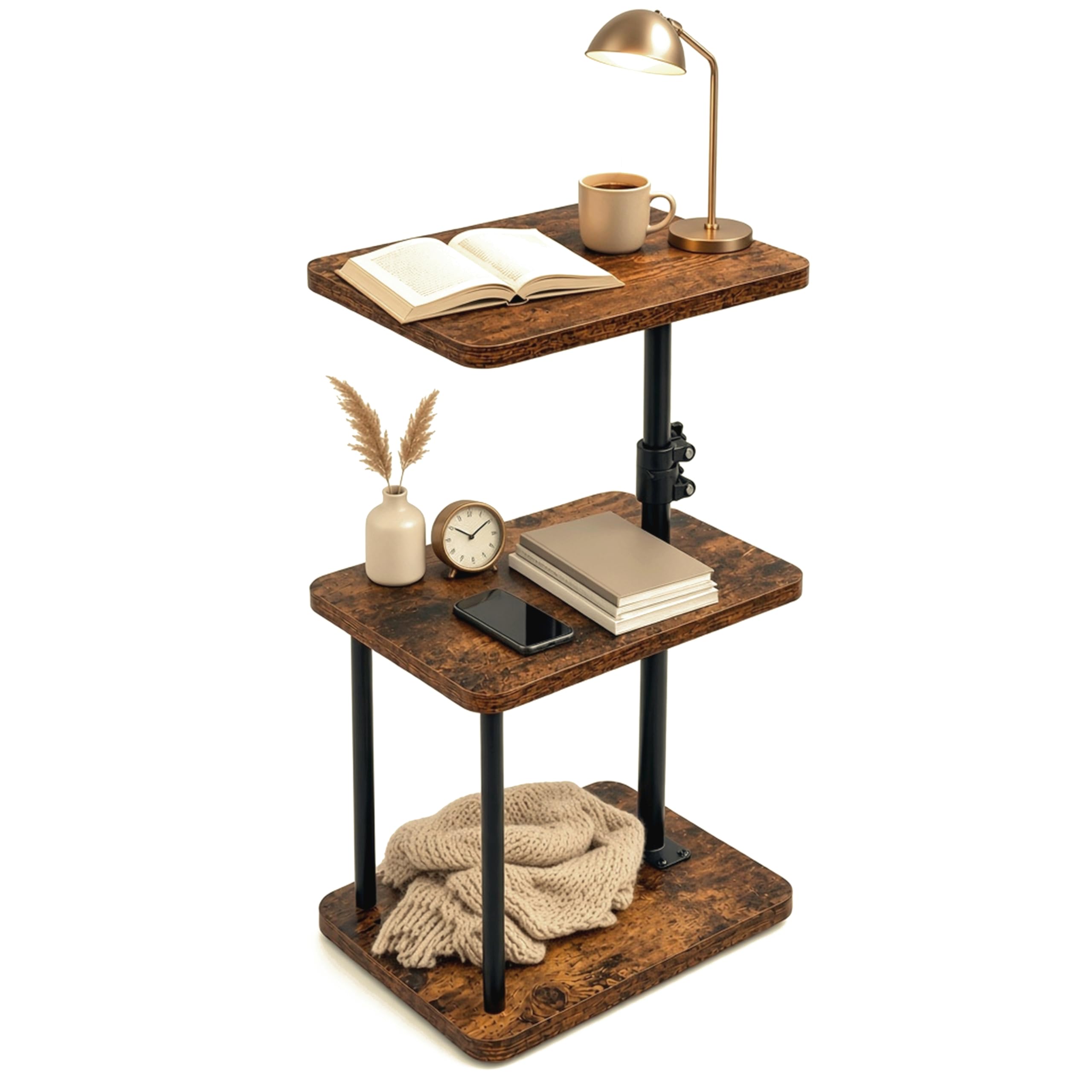 Erlion Adjustable Height Side Table, 360° Rotating, Rustic Brown